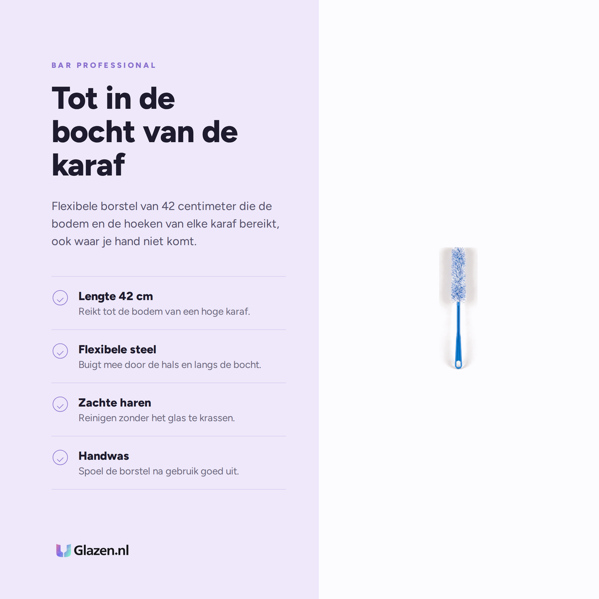 Infographic met de eigenschappen van Bar Professional Decanteerborstel 42 cm