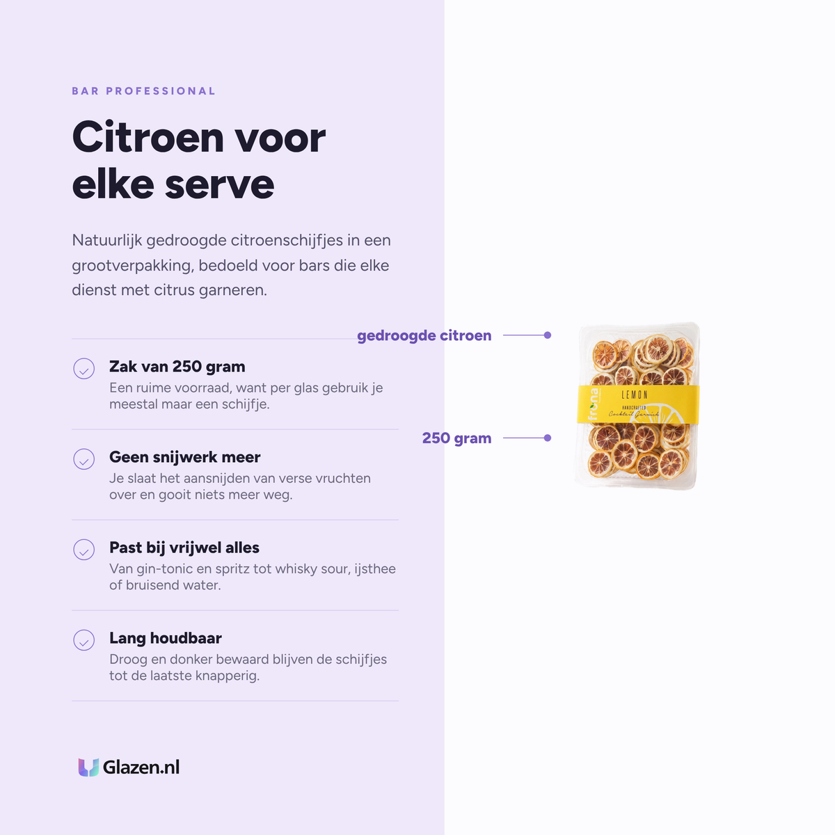 Infographic met de eigenschappen van de gedroogde citroenschijfjes van 250 gram