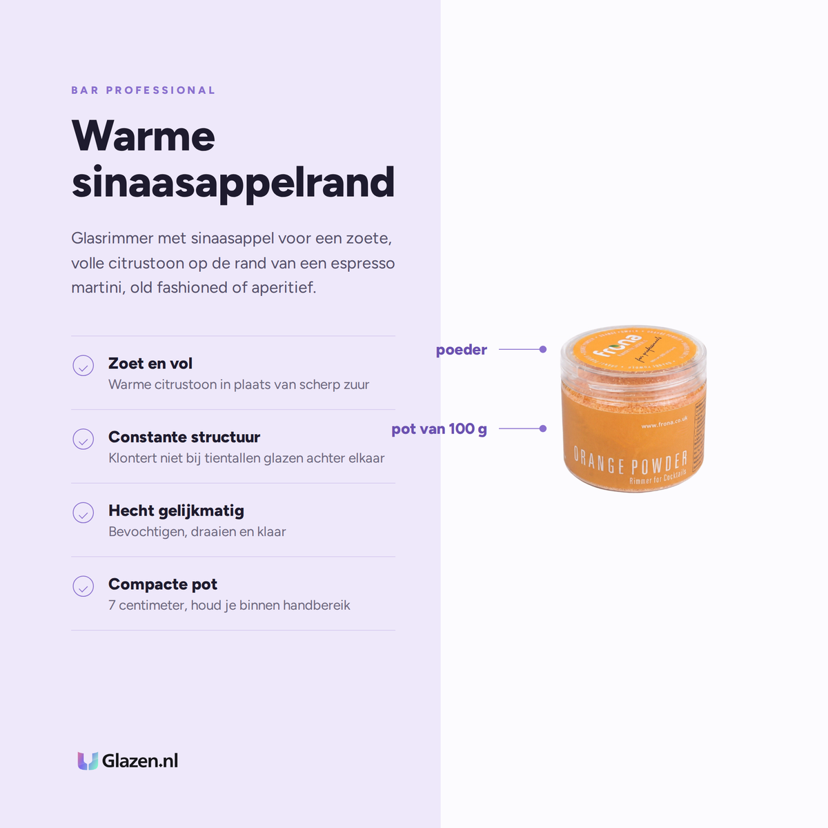 Eigenschappen van de Frona glasrimmer met sinaasappel van 100 gram
