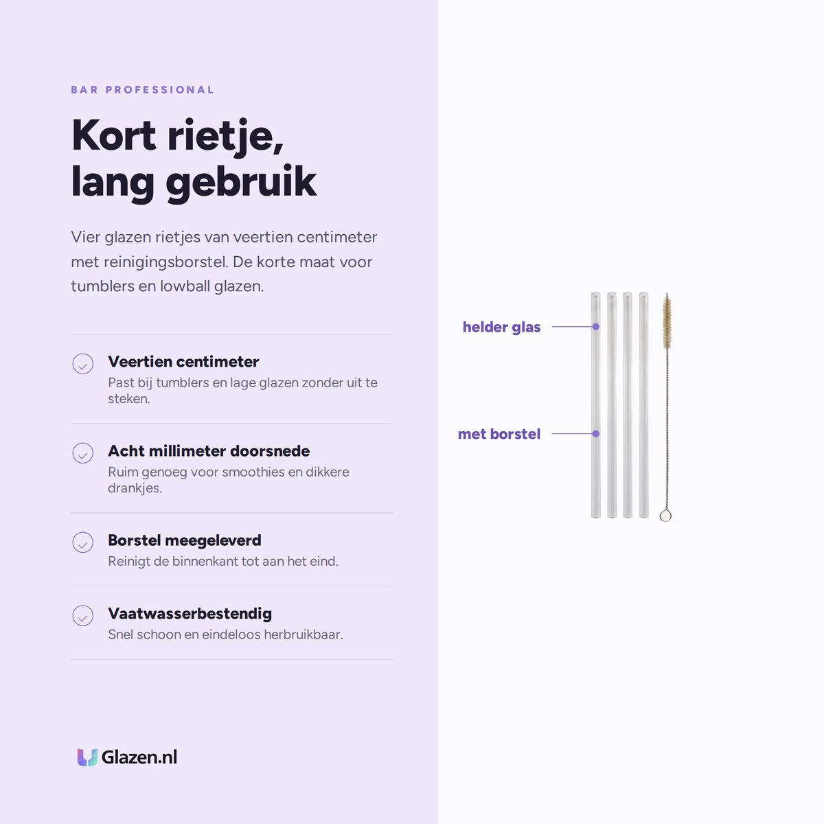 Bar Professional Glazen Rietjes 14 cm met Reinigingsborstel Set eigenschappen