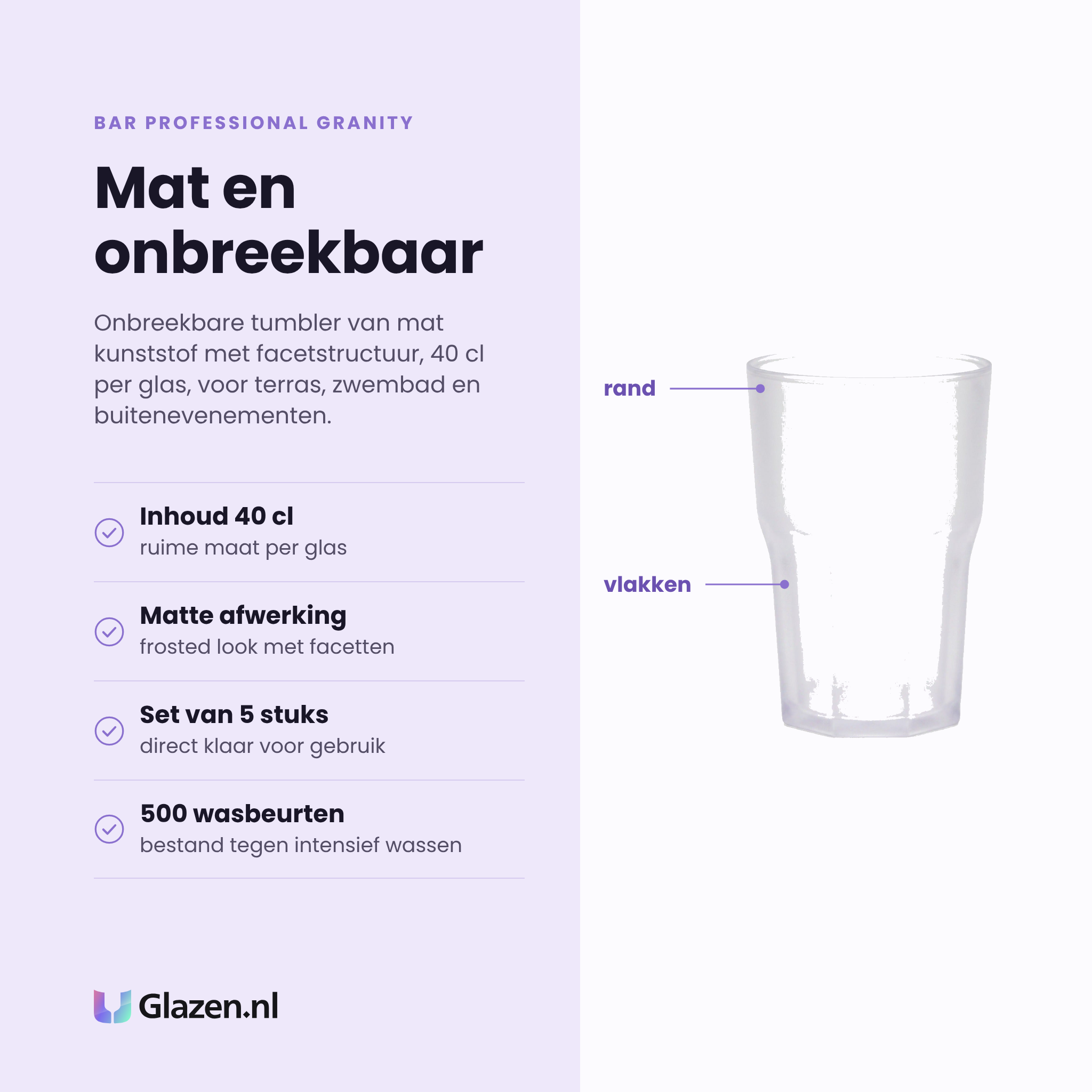 Bar Professional Granity tumbler 40 cl eigenschappen: mat kunststof, facetstructuur, set van 5, bestand tegen 500 wasbeurten