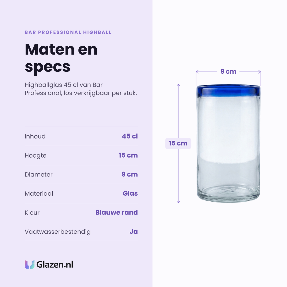 Bar Professional Highball longdrinkglas 45 cl specificaties: inhoud 45 cl, hoogte 15 cm, diameter 9 cm, glas, blauwe rand, los per stuk