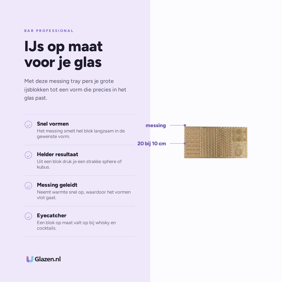 Infographic met de eigenschappen van Bar Professional IJsstempeltray Messing 20x10 cm