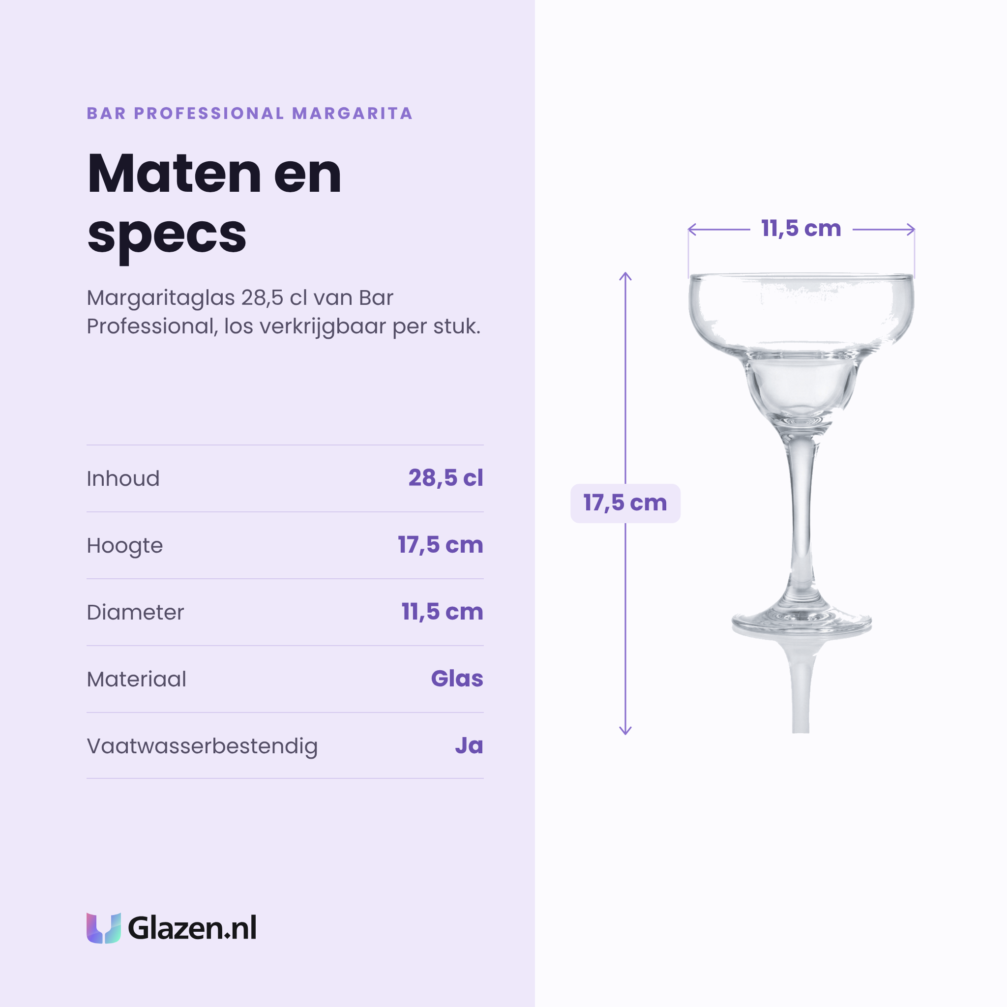 Bar Professional Margarita margaritaglas 28,5 cl specificaties: inhoud 28,5 cl, hoogte 17,5 cm, diameter 11,5 cm, glas, los per stuk