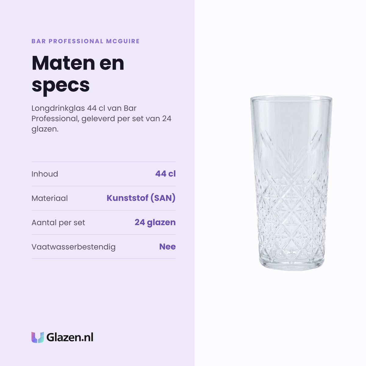 Bar Professional McGuire longdrinkglas 44 cl specificaties: inhoud 44 cl, kunststof, set van 24