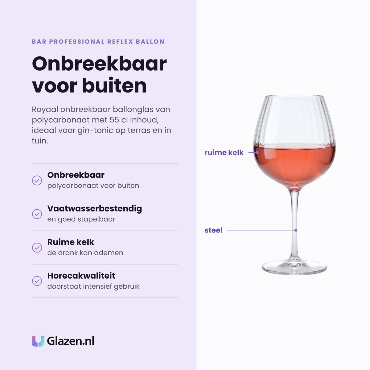 Bar Professional Reflex Ballon wijnglas 55 cl eigenschappen: onbreekbaar polycarbonaat, vaatwasserbestendig en stapelbaar, ruime kelk, horecakwaliteit