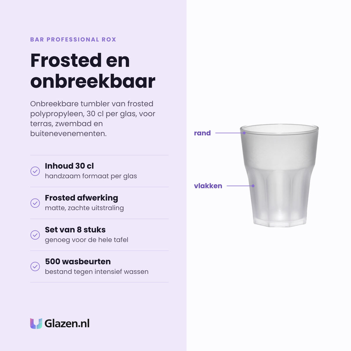 Bar Professional Rox tumbler 30 cl eigenschappen: frosted polypropyleen, onbreekbaar, set van 8, bestand tegen 500 wasbeurten