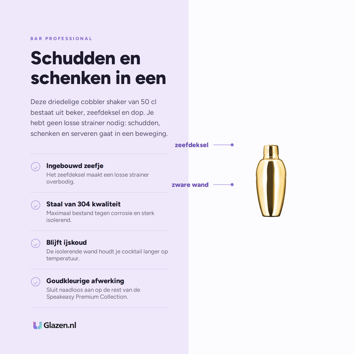Infographic met de eigenschappen van de Bar Professional Speakeasy Cobbler Shaker Goud 50 Cl