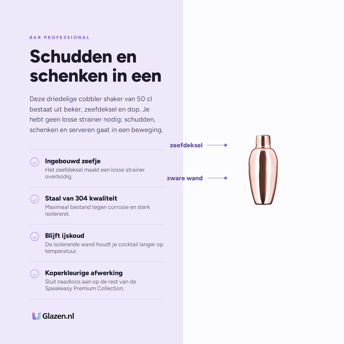 Infographic met de eigenschappen van de Bar Professional Speakeasy Cobbler Shaker Koper 50 Cl