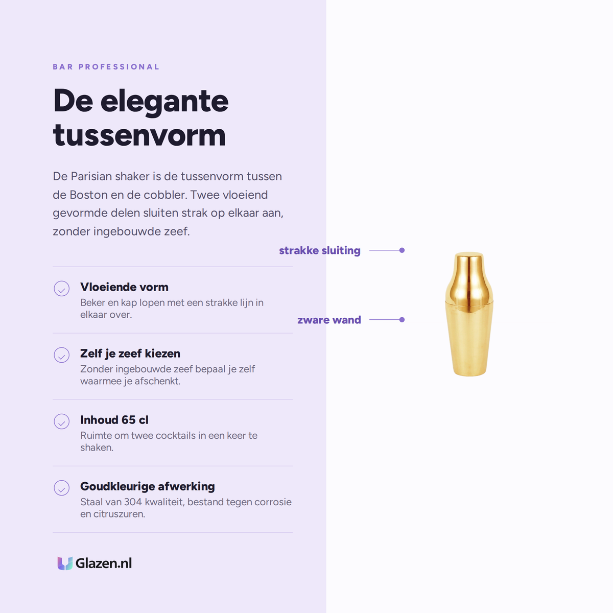 Infographic met de eigenschappen van de Bar Professional Speakeasy Parisian Cocktailshaker Goud 65 Cl