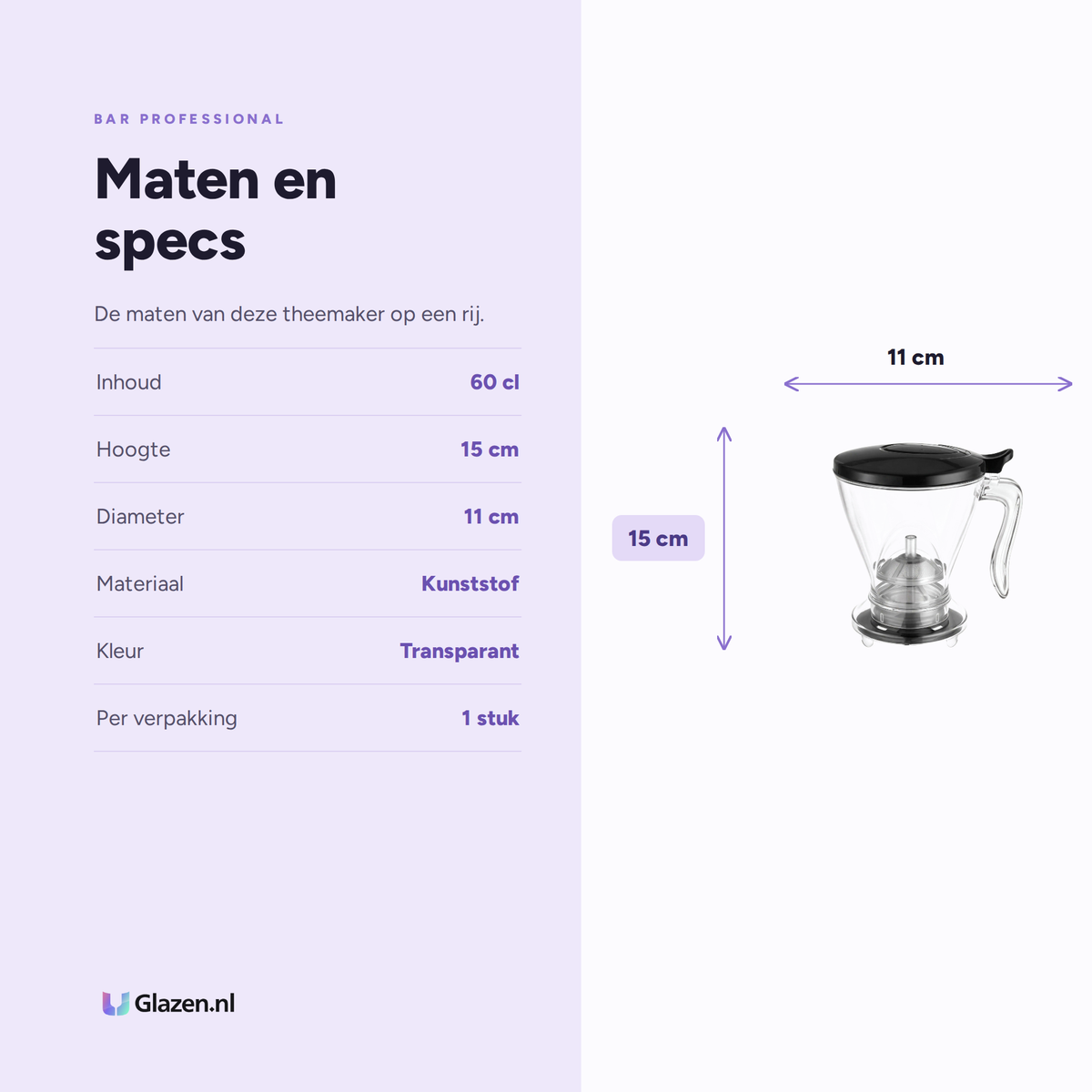 Maten en specs van de Bar Professional Theemaker Theepot Transparant 60 Cl