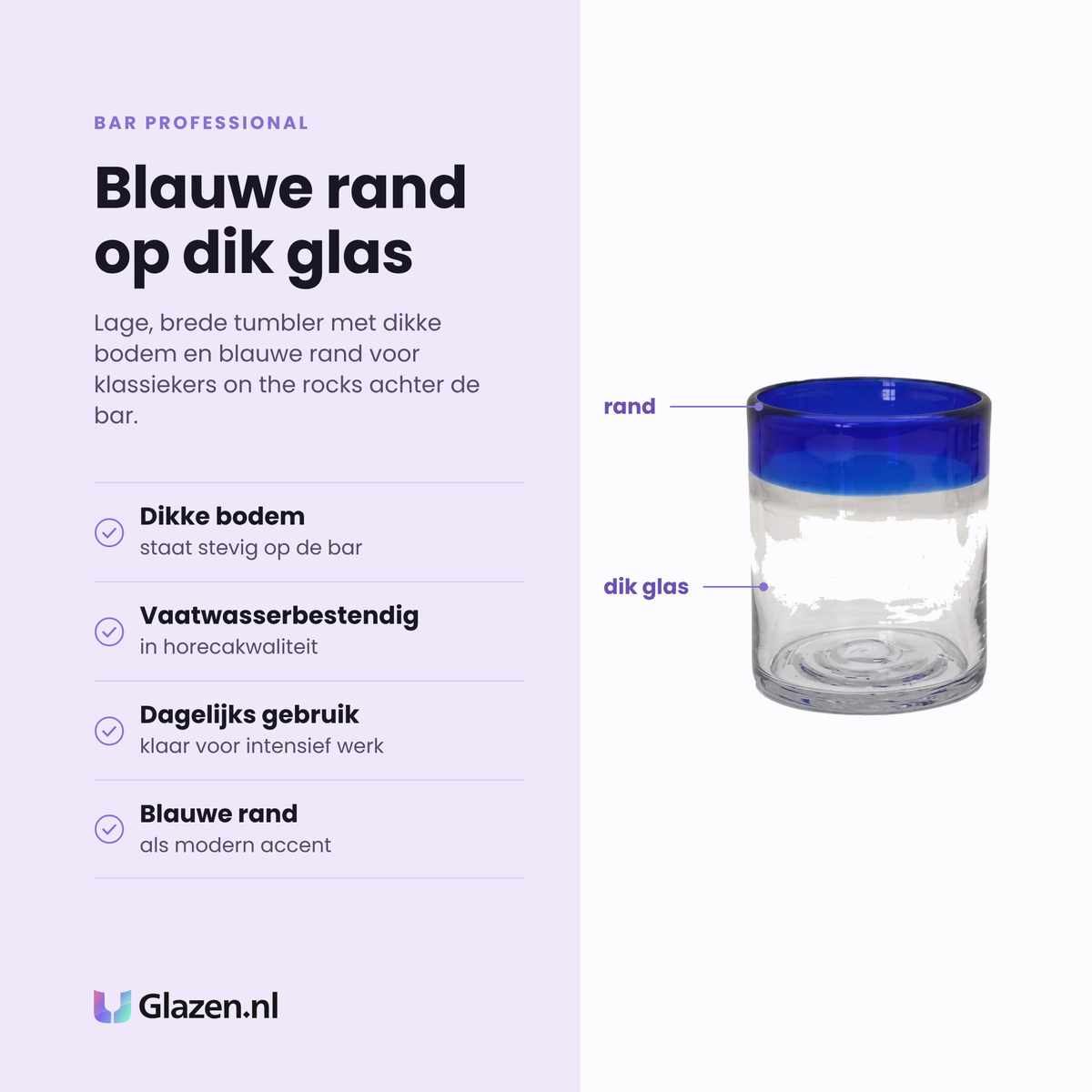 Bar Professional tumbler 30 cl eigenschappen: dikke bodem, blauwe rand, vaatwasserbestendig, horecakwaliteit