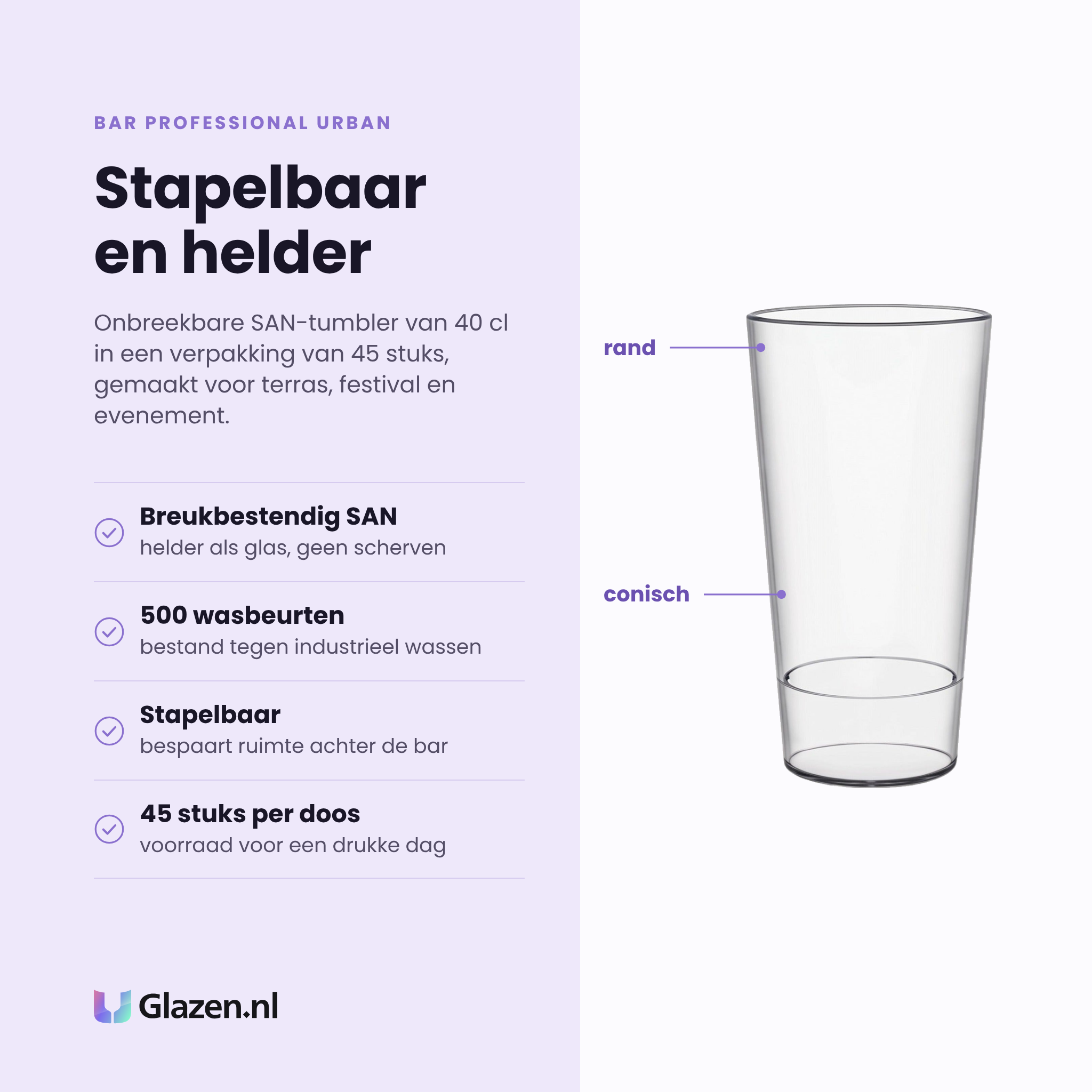 Bar Professional Urban tumbler 40 cl eigenschappen: breukbestendig SAN-kunststof, stapelbaar, 500 wasbeurten, verpakking van 45