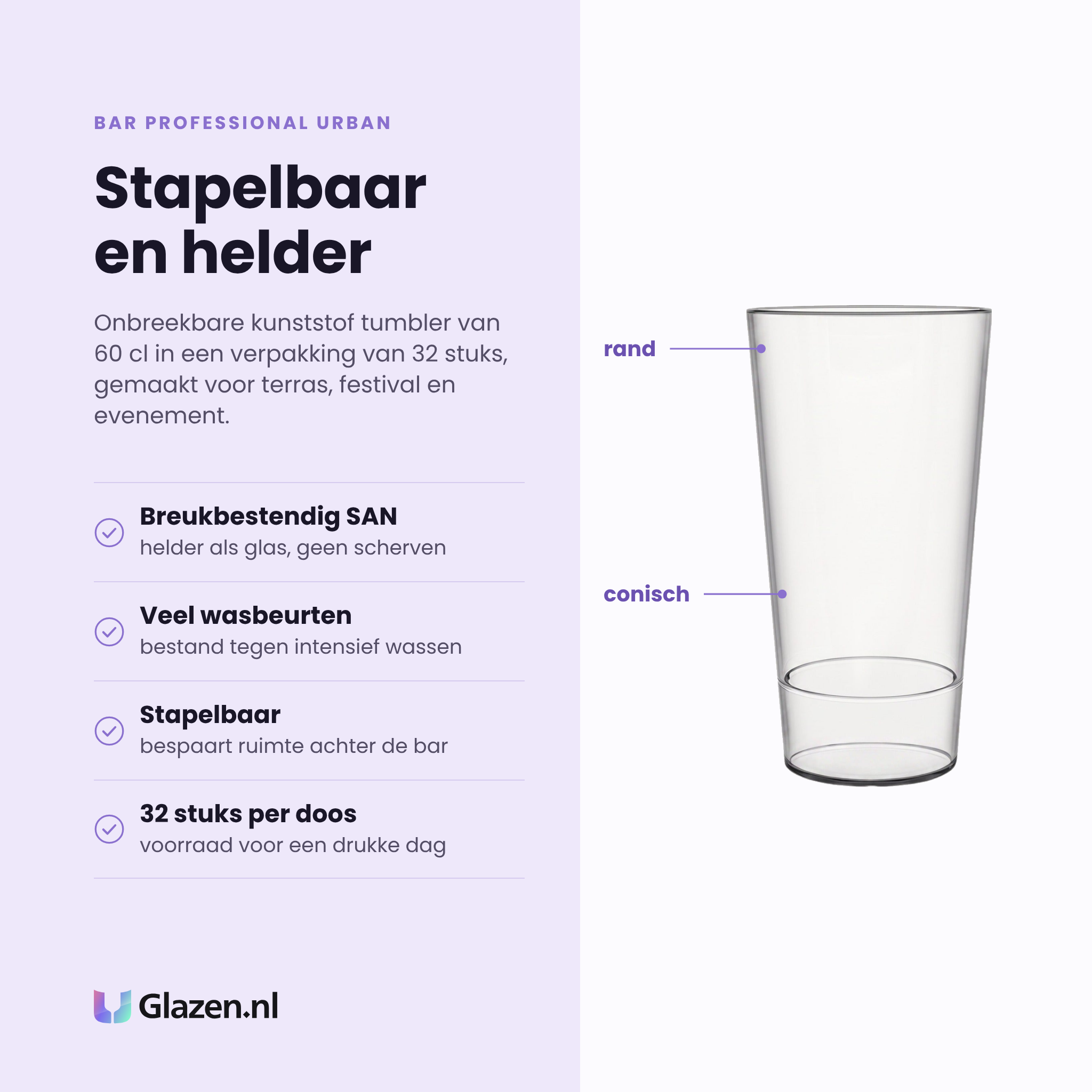 Bar Professional Urban tumbler 60 cl eigenschappen: breukbestendig SAN-kunststof, stapelbaar, vaatwasserbestendig, verpakking van 32