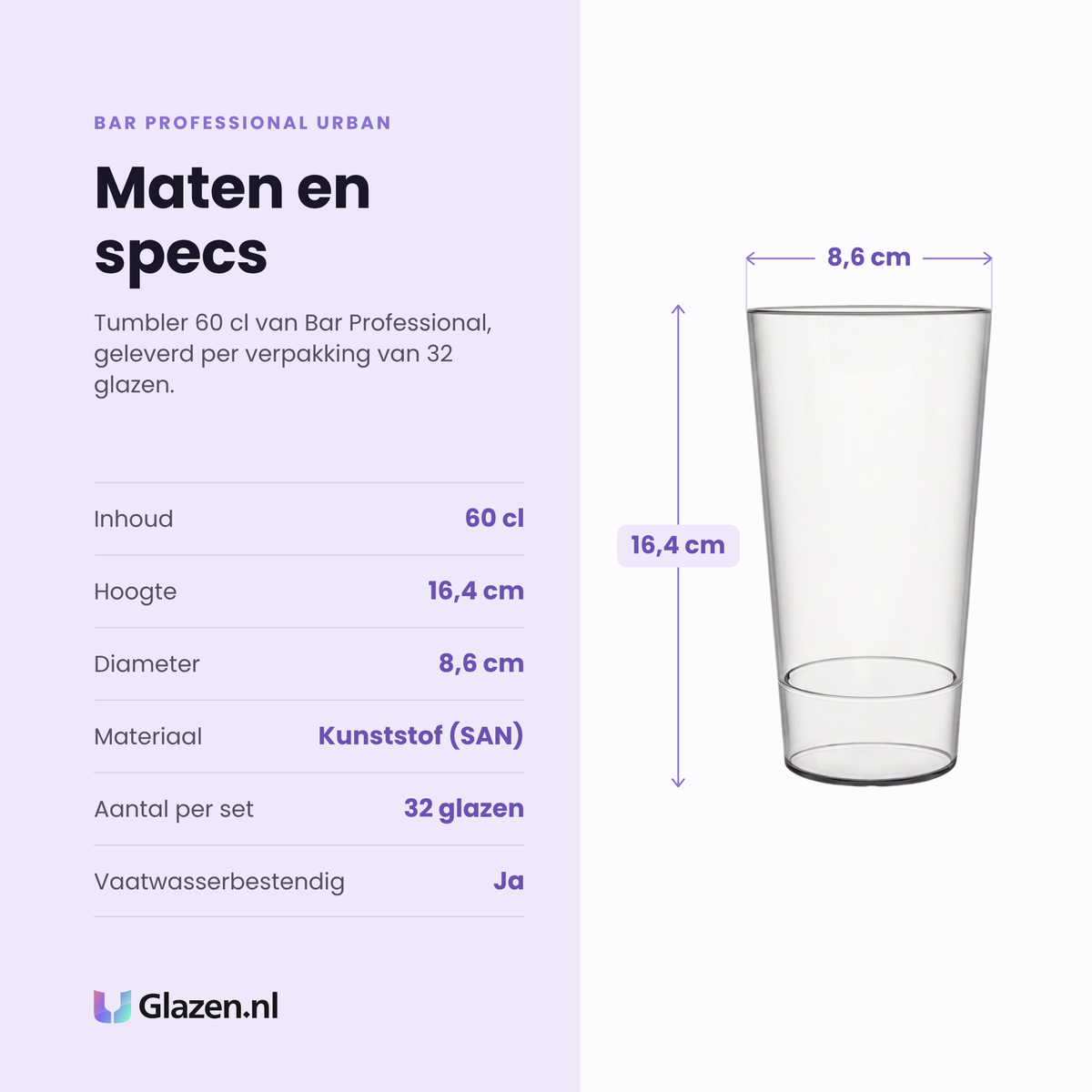 Bar Professional Urban tumbler 60 cl specificaties: inhoud 60 cl, hoogte 16,4 cm, diameter 8,6 cm, SAN kunststof, verpakking van 32