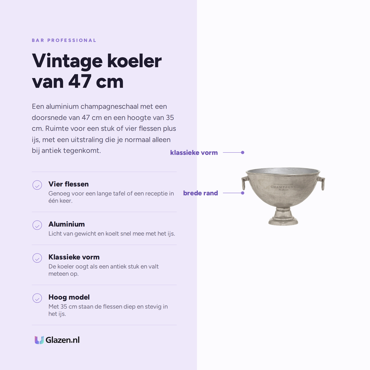 Infographic met de eigenschappen van Bar Professional Vintage Champagnekoeler Schaal Aluminium 47 Cm