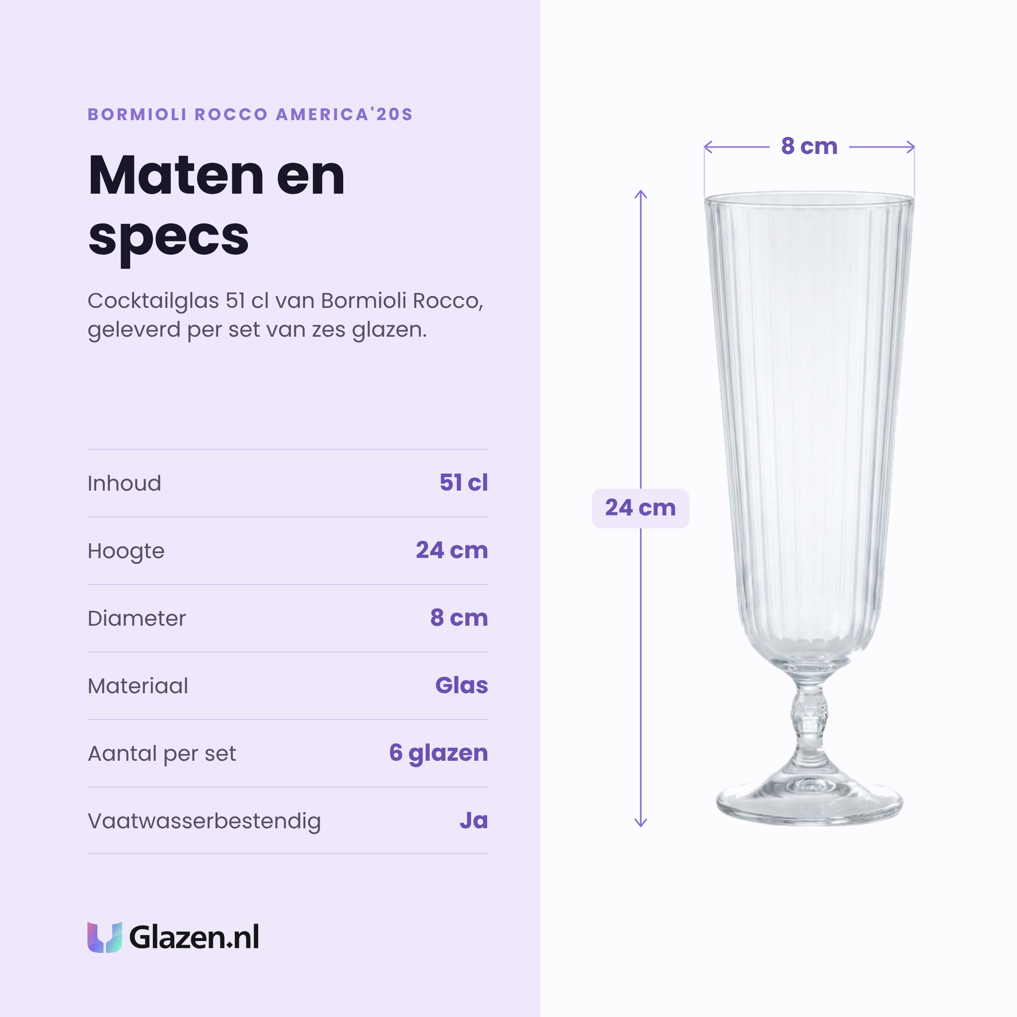 Bormioli Rocco America'20s cocktailglas 51 cl specificaties: inhoud 51 cl, hoogte 24 cm, diameter 8 cm, glas, set van 6