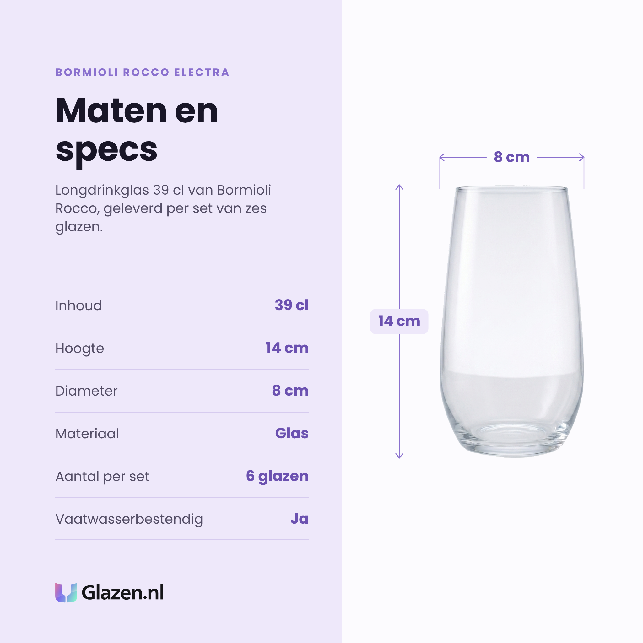 Bormioli Rocco Electra longdrinkglas 39 cl specificaties: inhoud 39 cl, hoogte 14 cm, diameter 8 cm, glas, set van 6