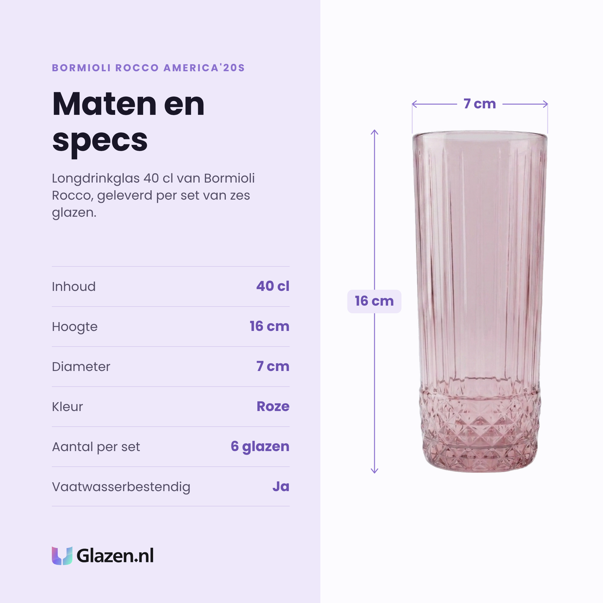 Bormioli Rocco America'20s longdrinkglas 40 cl roze specificaties: inhoud 40 cl, hoogte 16 cm, diameter 7 cm, roze glas, set van 6