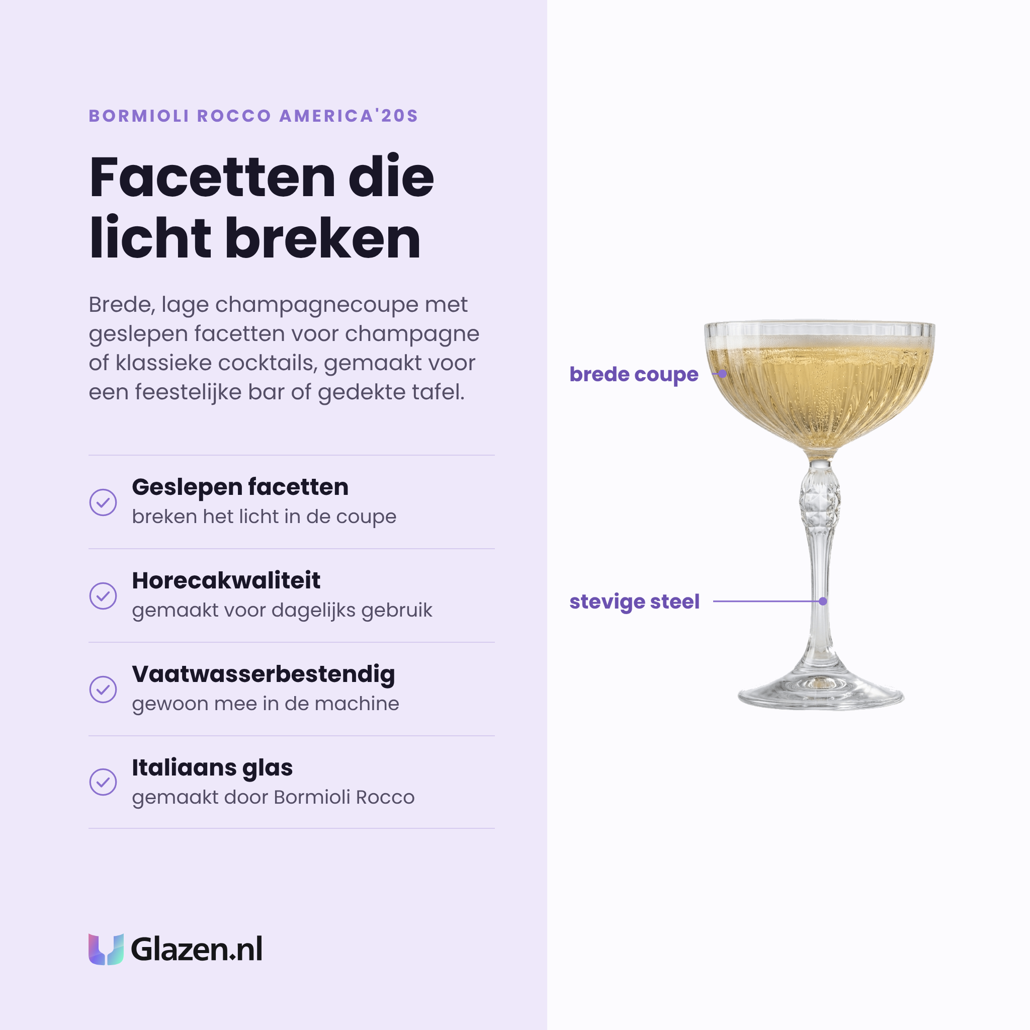 Bormioli Rocco America'20s champagneglas 22 cl eigenschappen: geslepen facetten, horecakwaliteit, vaatwasserbestendig, Italiaans glas