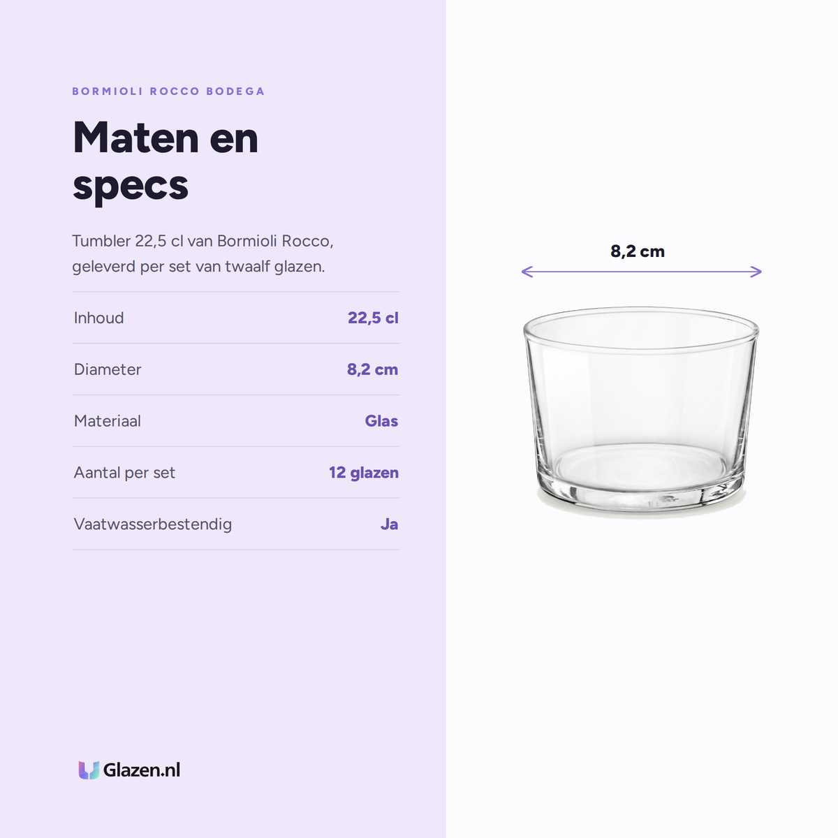 Bormioli Rocco Bodega Tumbler 22 Cl specificaties: inhoud 22,5 cl, diameter 8,2 cm, materiaal Glas, aantal per set 12 glazen, vaatwasserbestendig Ja