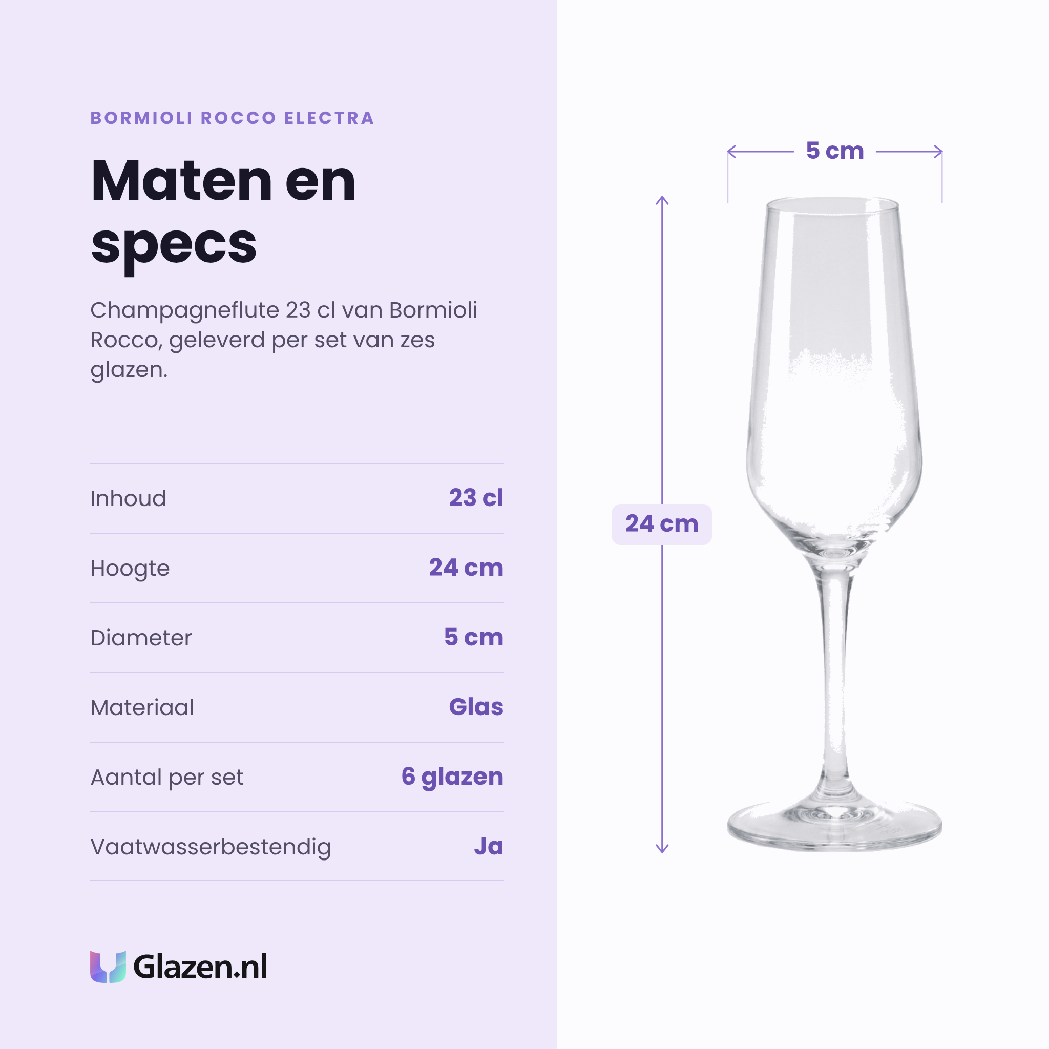 Bormioli Rocco Electra champagneflute 23 cl specificaties: inhoud 23 cl, hoogte 24 cm, diameter 5 cm, glas, set van 6