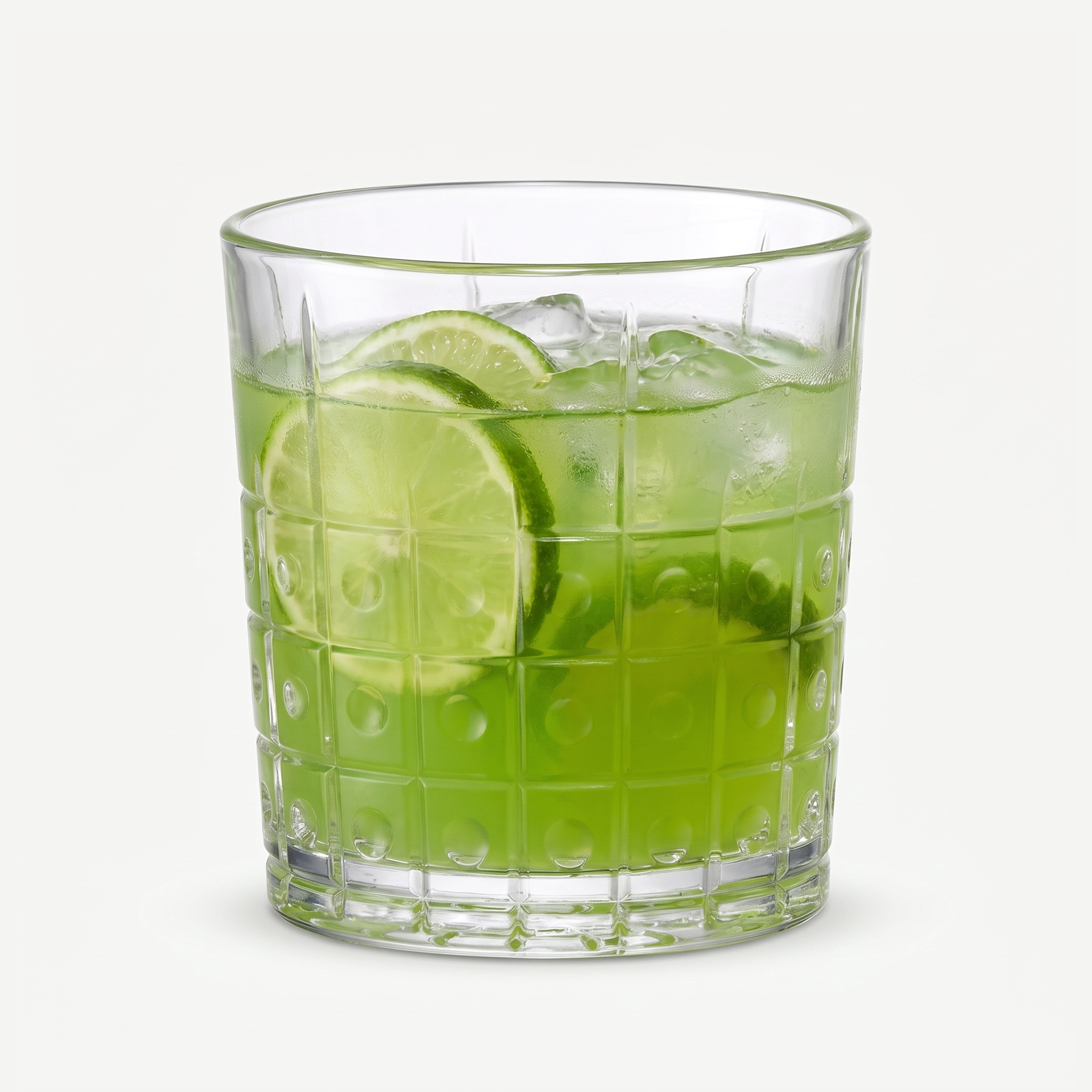 Bormioli Rocco Este tumbler 30 cl gevuld met limonade en limoen, glas met ruitmotief