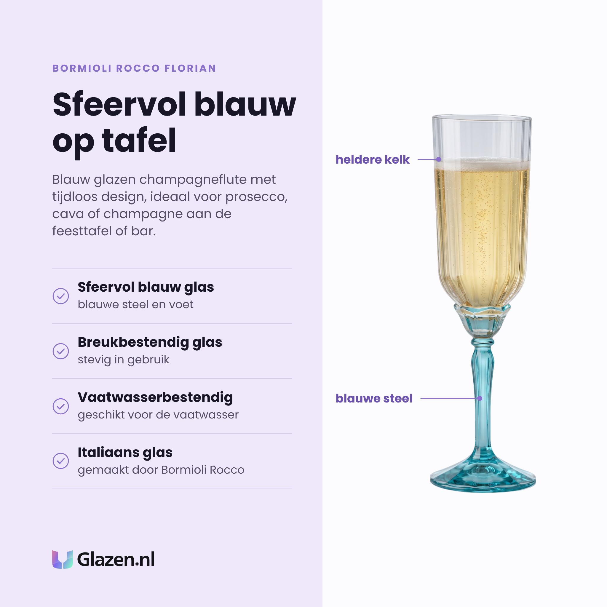 Bormioli Rocco Florian champagneflute 21 cl blauw eigenschappen: sfeervol blauw glas, breukbestendig glas, vaatwasserbestendig, italiaans glas
