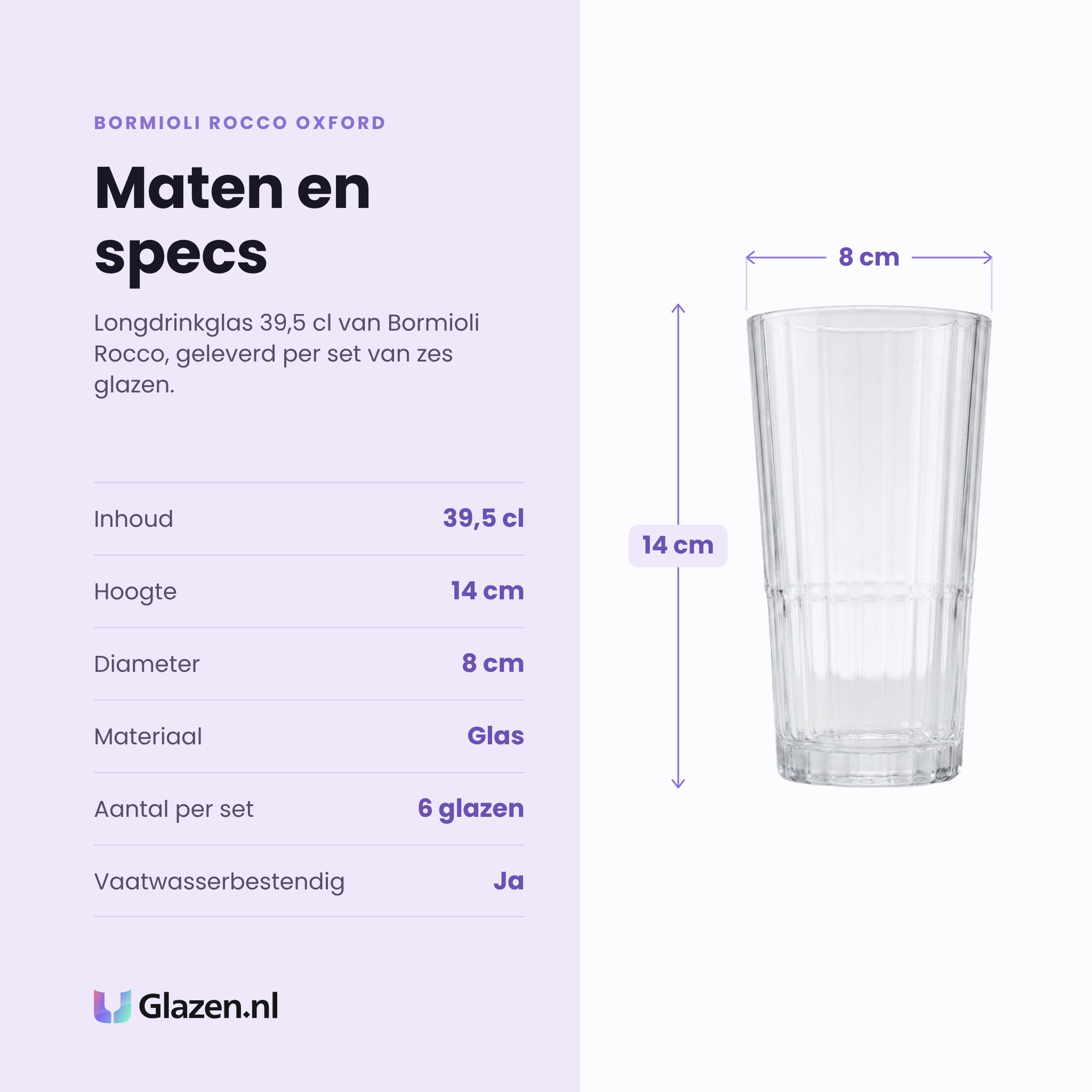 Bormioli Rocco Oxford longdrinkglas 39,5 cl specificaties: inhoud 39,5 cl, hoogte 14 cm, diameter 8 cm, glas, set van 6