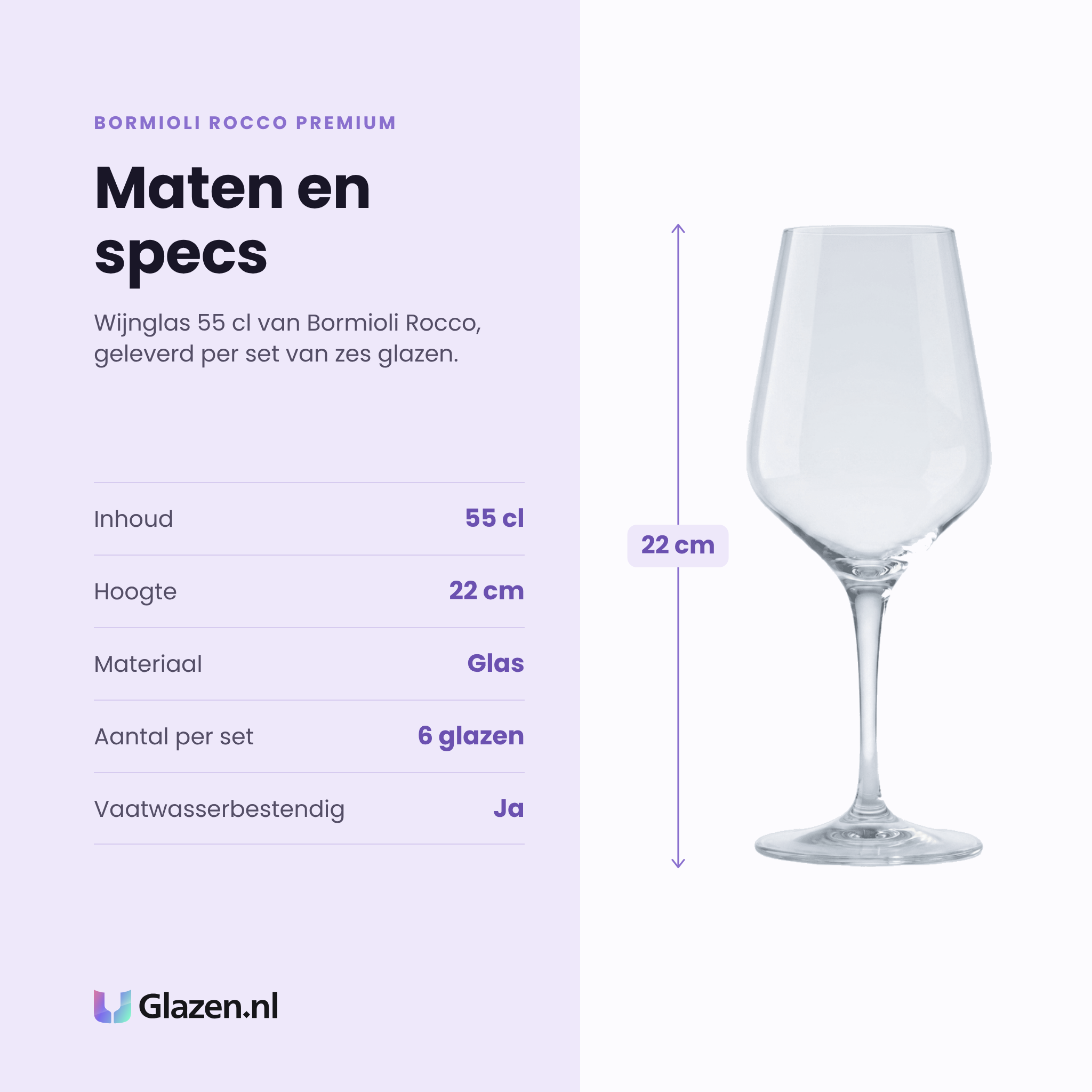 Bormioli Rocco Premium wijnglas 55 cl specificaties: inhoud 55 cl, hoogte 22 cm, glas, set van 6