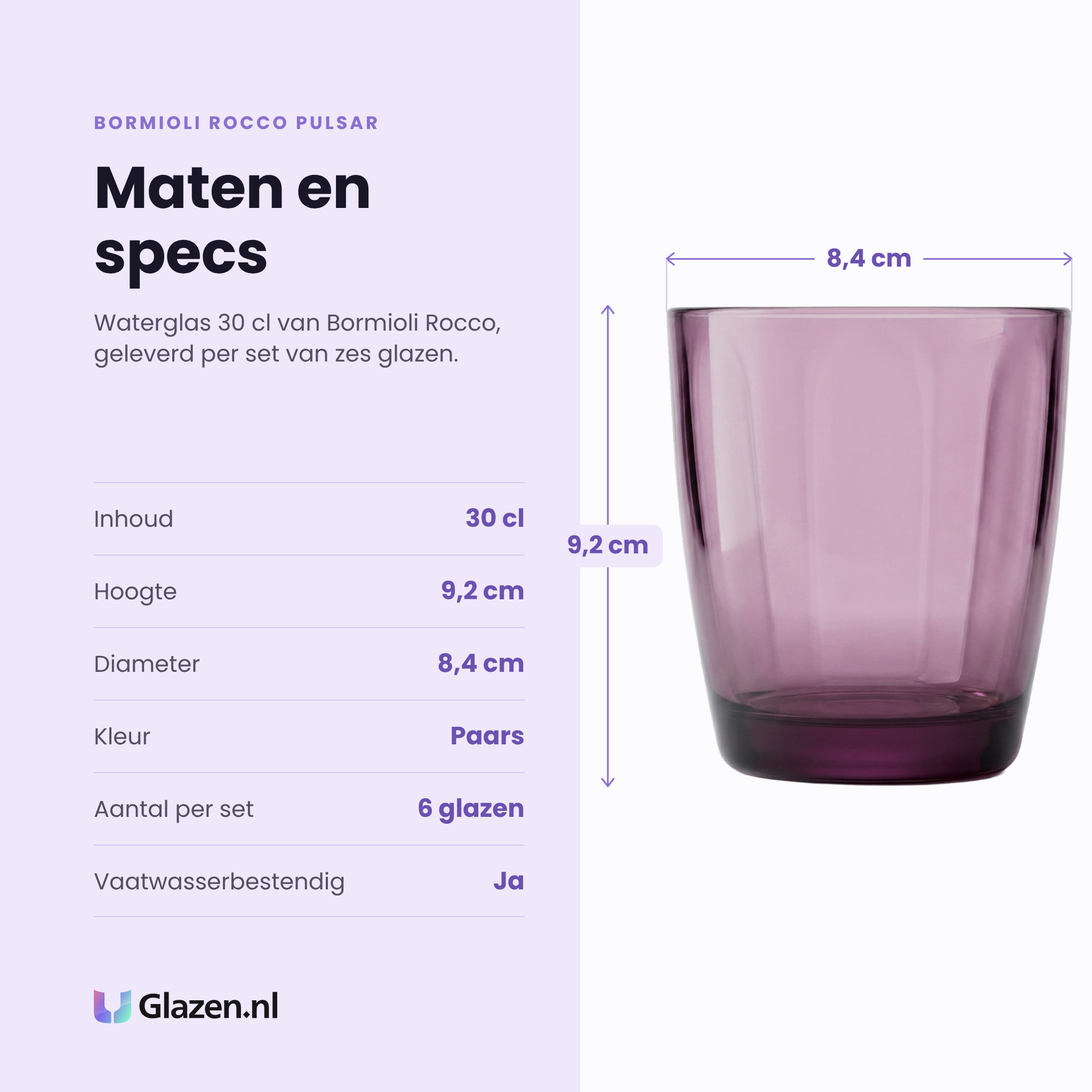 Bormioli Rocco Pulsar waterglas 30 cl specificaties: inhoud 30 cl, hoogte 9,2 cm, diameter 8,4 cm, paars, set van 6