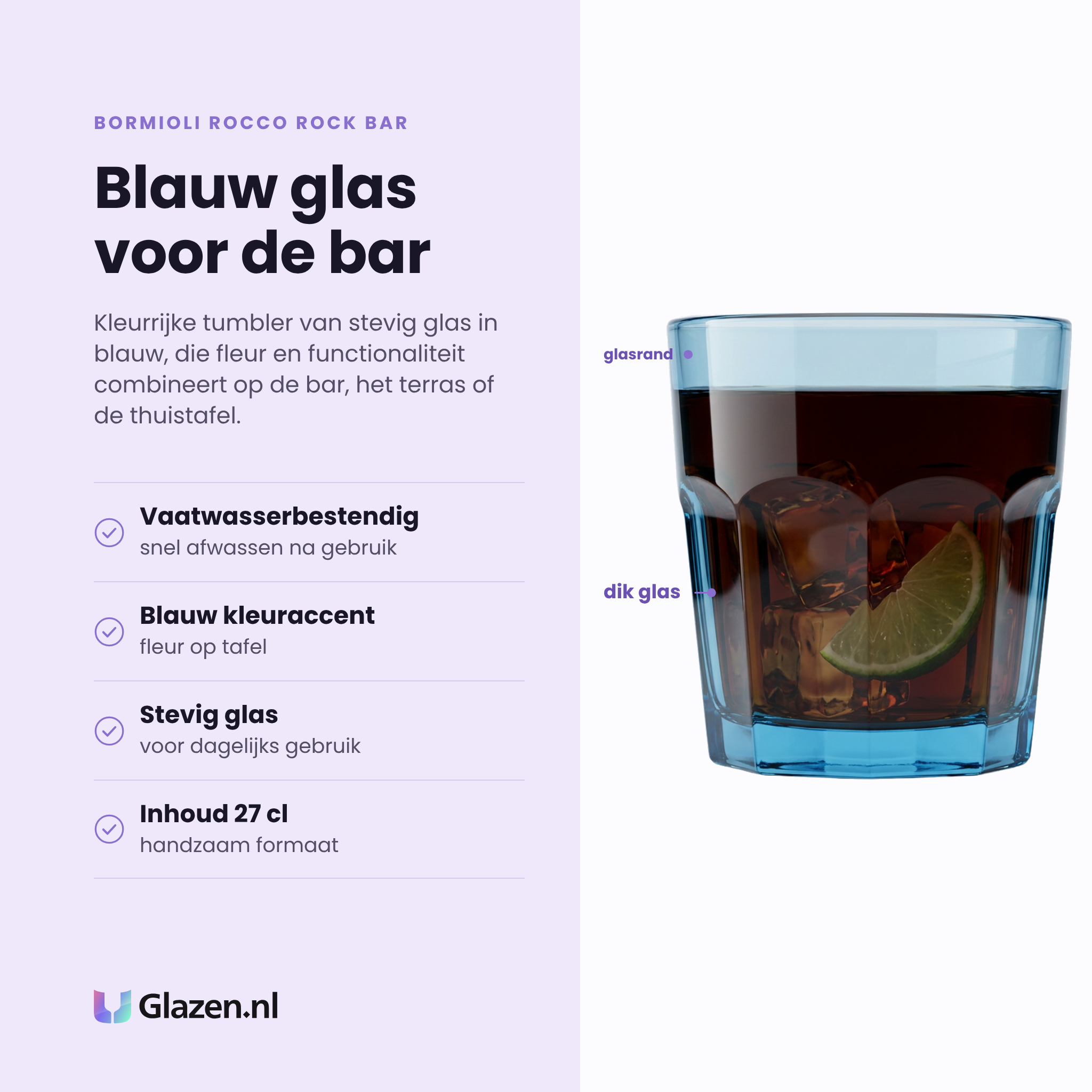 Bormioli Rocco Rock Bar tumbler 27 cl blauw eigenschappen: vaatwasserbestendig, blauw kleuraccent, stevig glas voor dagelijks gebruik, inhoud 27 cl