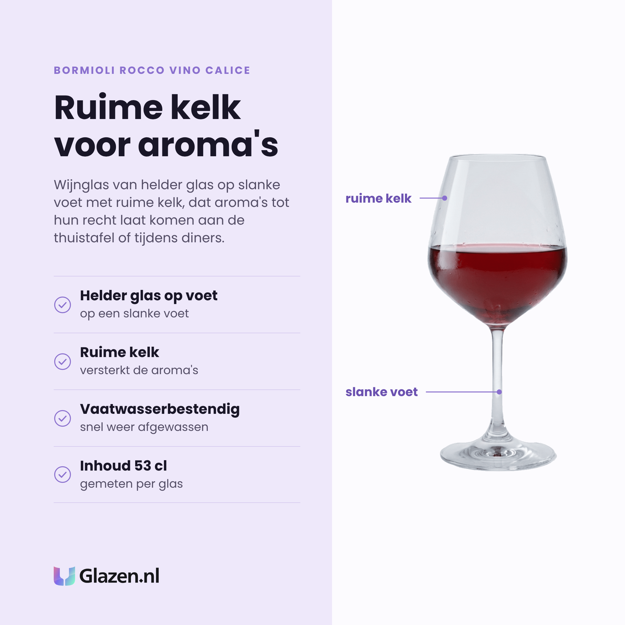 Bormioli Rocco Vino Calice wijnglas 53 cl eigenschappen: helder glas op voet, ruime kelk, vaatwasserbestendig, inhoud 53 cl