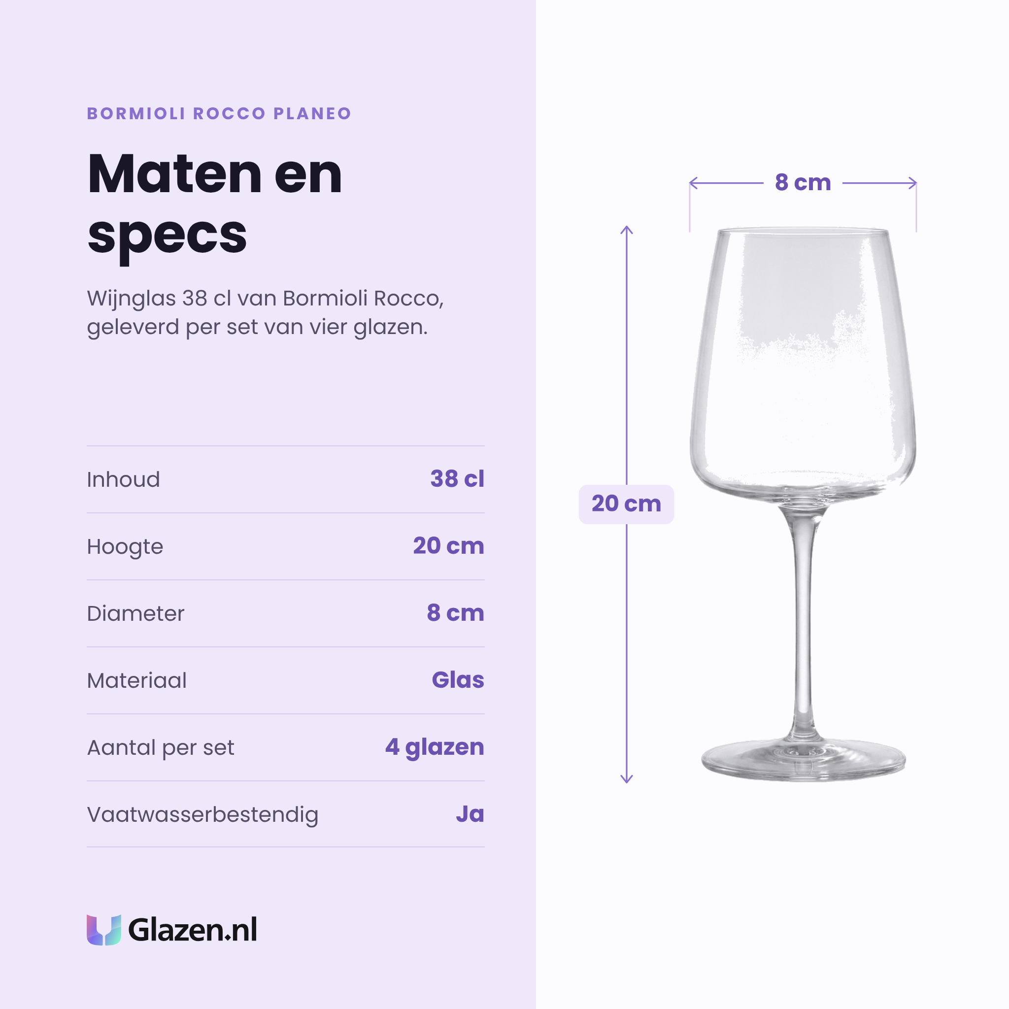 Bormioli Rocco Planeo wijnglas 38 cl specificaties: inhoud 38 cl, hoogte 20 cm, diameter 8 cm, glas, set van 4