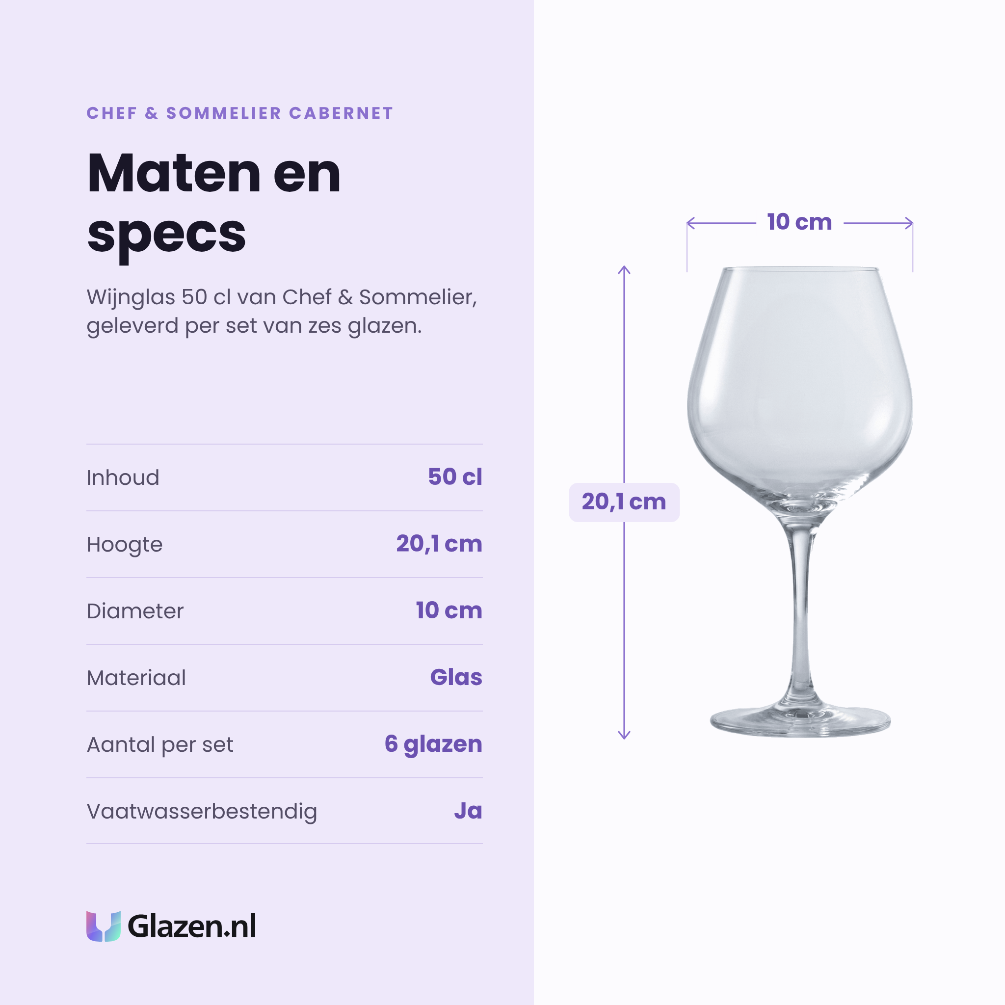 Chef & Sommelier Cabernet wijnglas 50 cl specificaties: inhoud 50 cl, hoogte 20,1 cm, diameter 10 cm, glas, set van 6