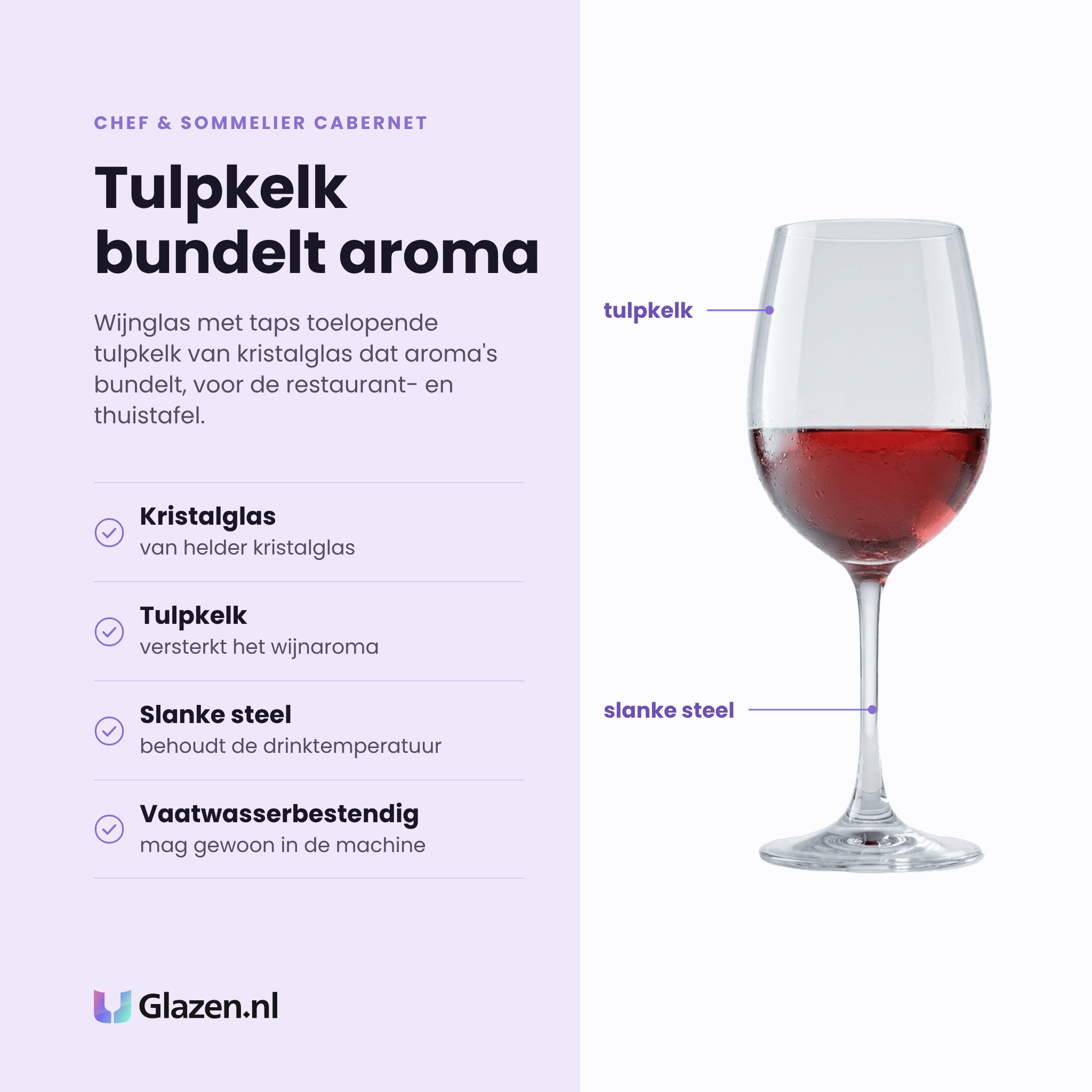 Chef & Sommelier Cabernet wijnglas 25 cl eigenschappen: helder kristalglas, tulpkelk, slanke steel, vaatwasserbestendig