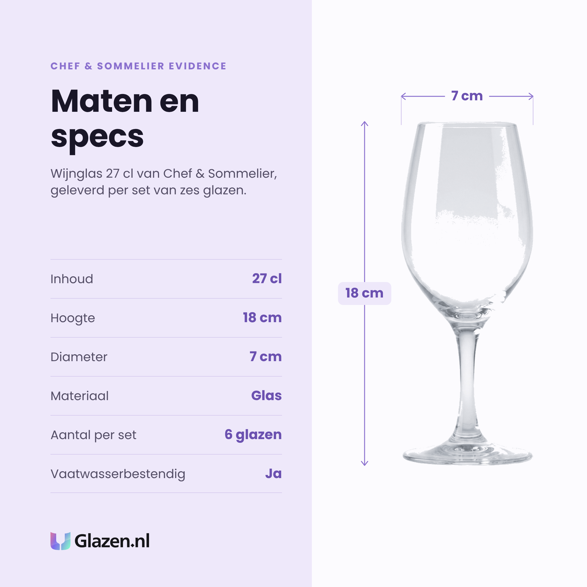 Chef & Sommelier Evidence wijnglas 27 cl specificaties: inhoud 27 cl, hoogte 18 cm, diameter 7 cm, glas, set van 6
