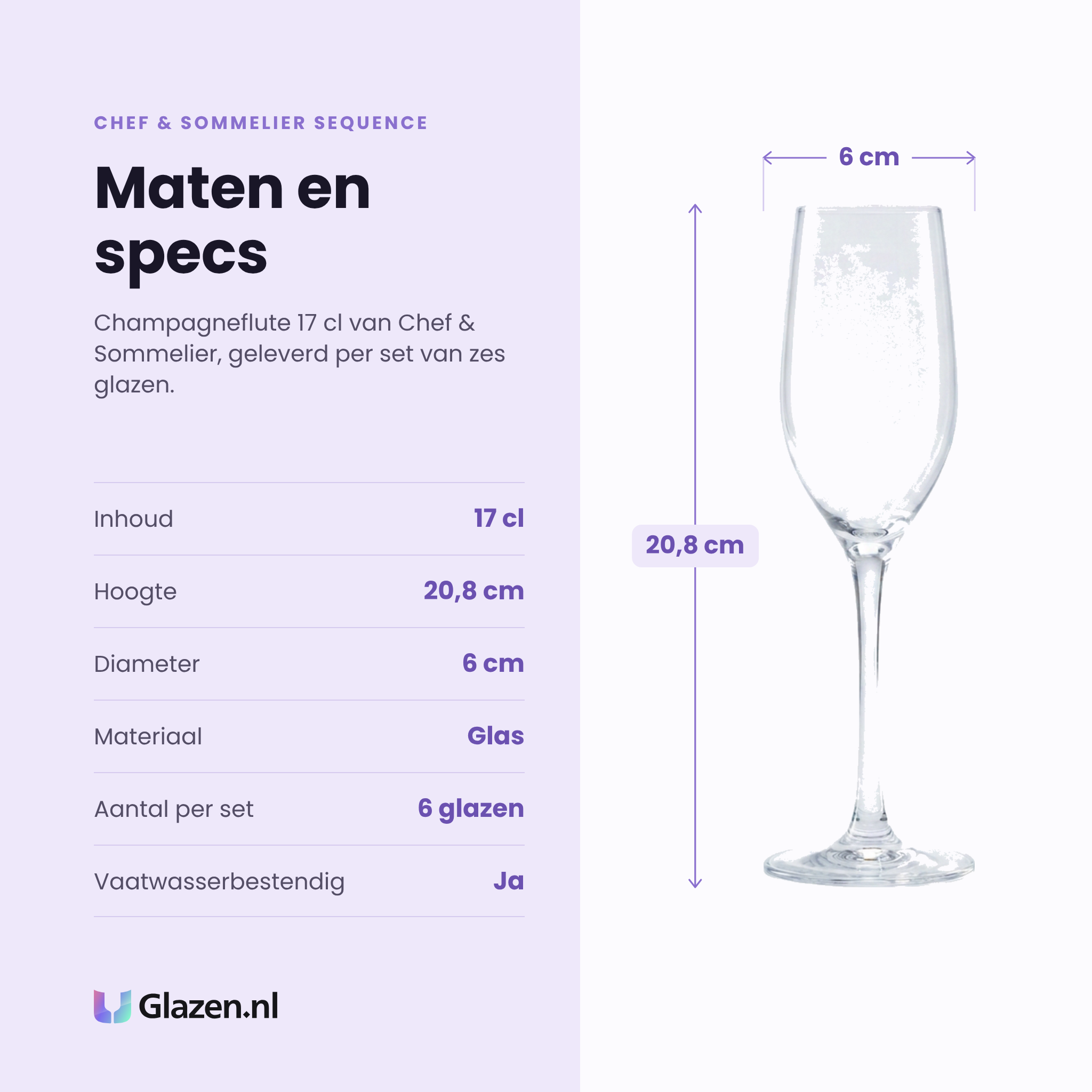 Chef & Sommelier Sequence champagneflute 17 cl specificaties: inhoud 17 cl, hoogte 20,8 cm, diameter 6 cm, glas, set van 6