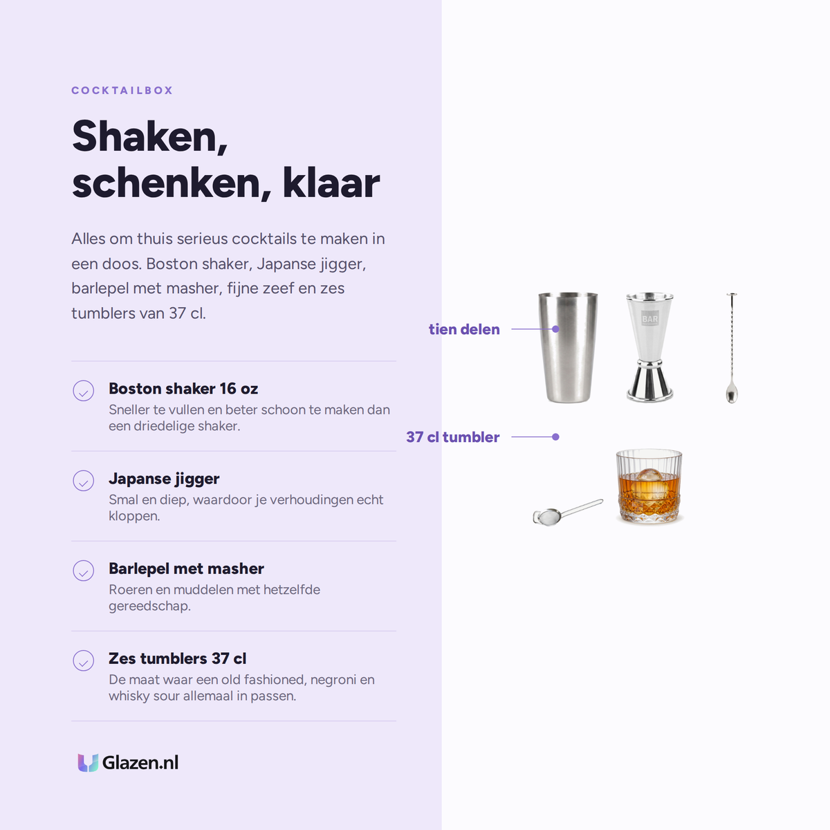 Cocktailbox Starter 10-Delig (Shaker, Jigger, Barlepel, Zeef & 6 Tumblers) eigenschappen