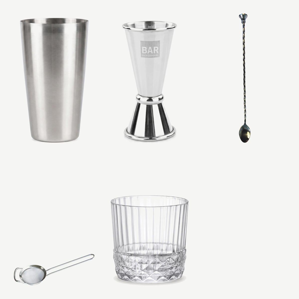 Cocktailbox starter met shaker, jigger, barlepel, zeef en leeg tumblerglas