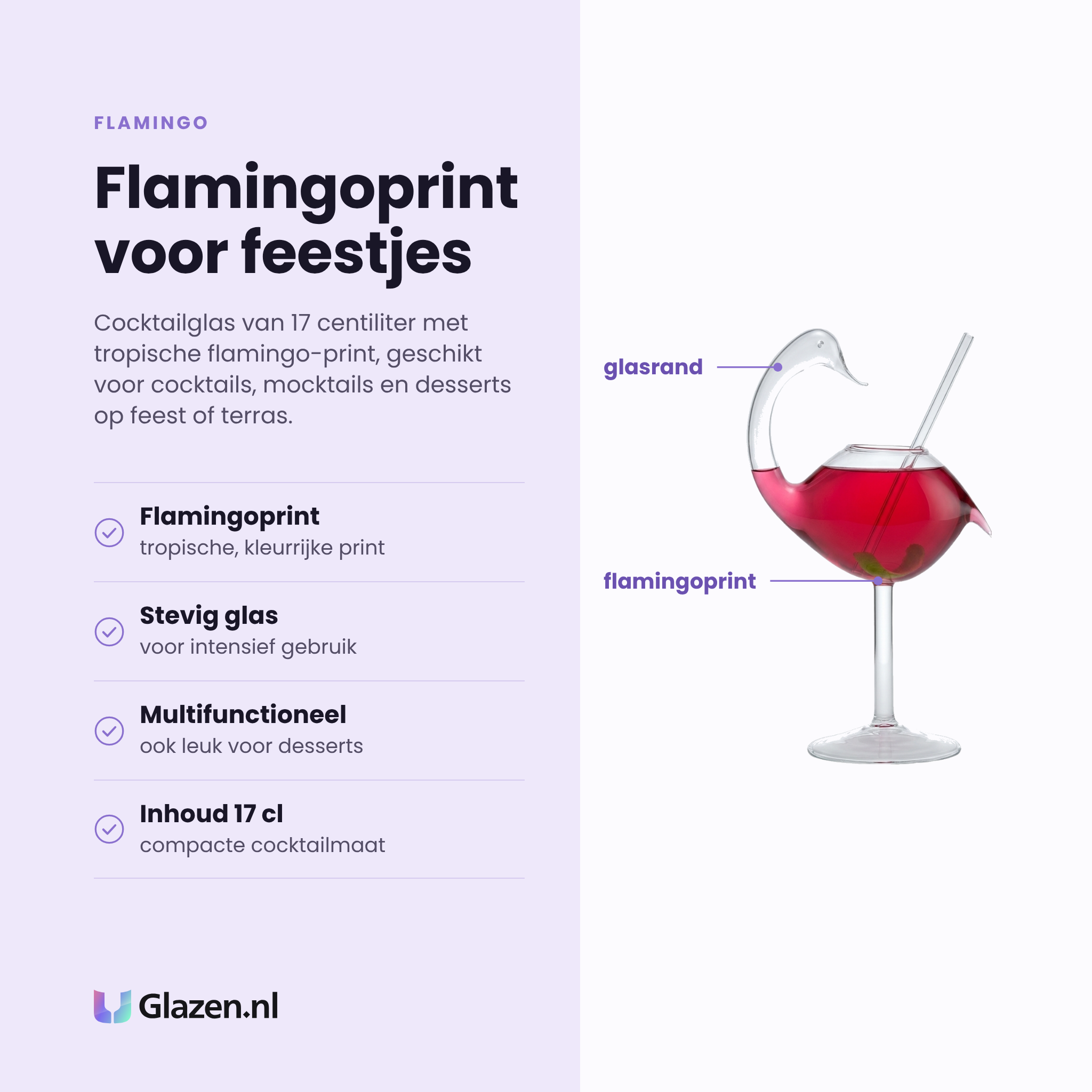 Flamingo cocktailglas 17 cl eigenschappen: tropische flamingoprint, stevig glas voor intensief gebruik, multifunctioneel voor desserts, inhoud 17 cl