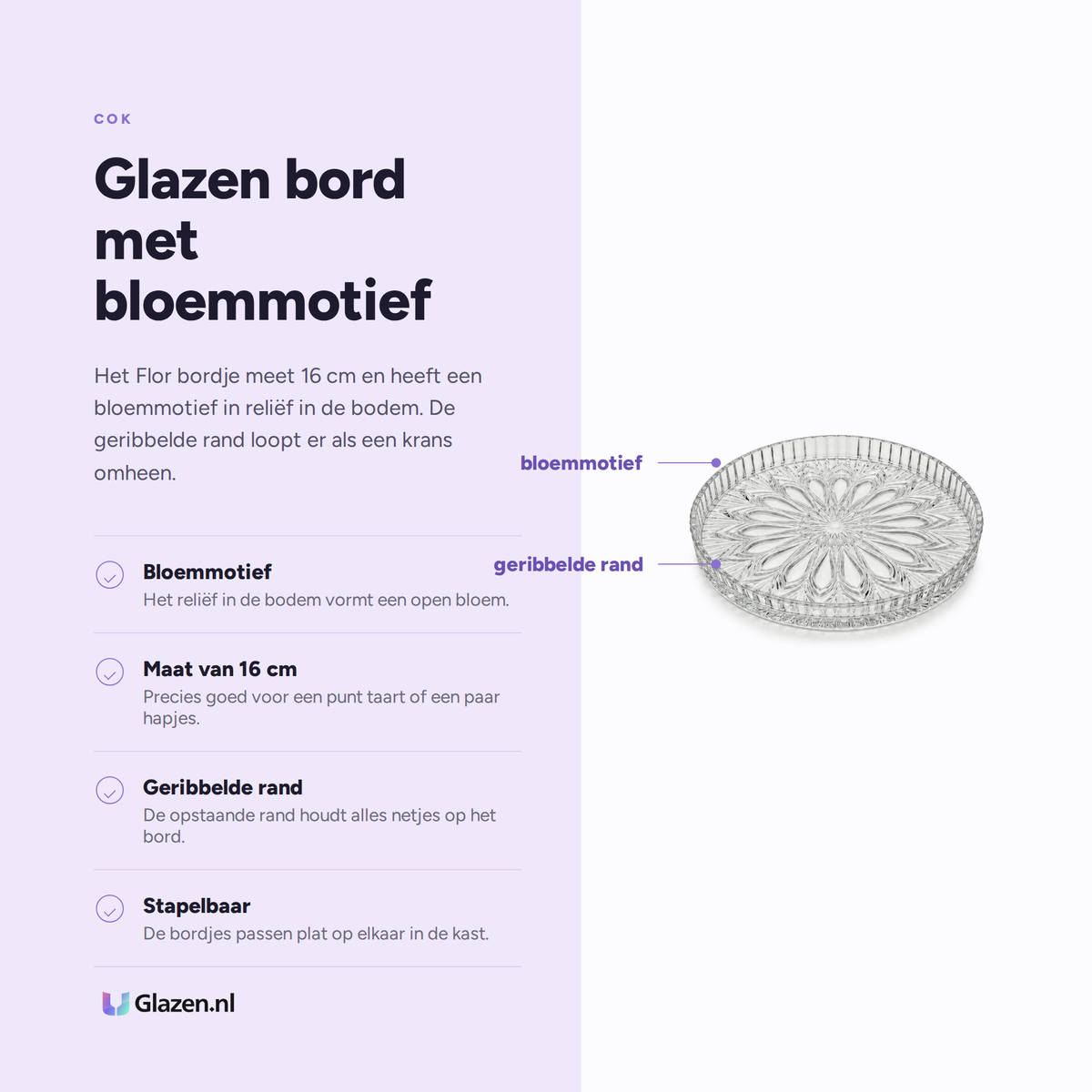 Eigenschappen van het COK Flor glazen bord 16 cm