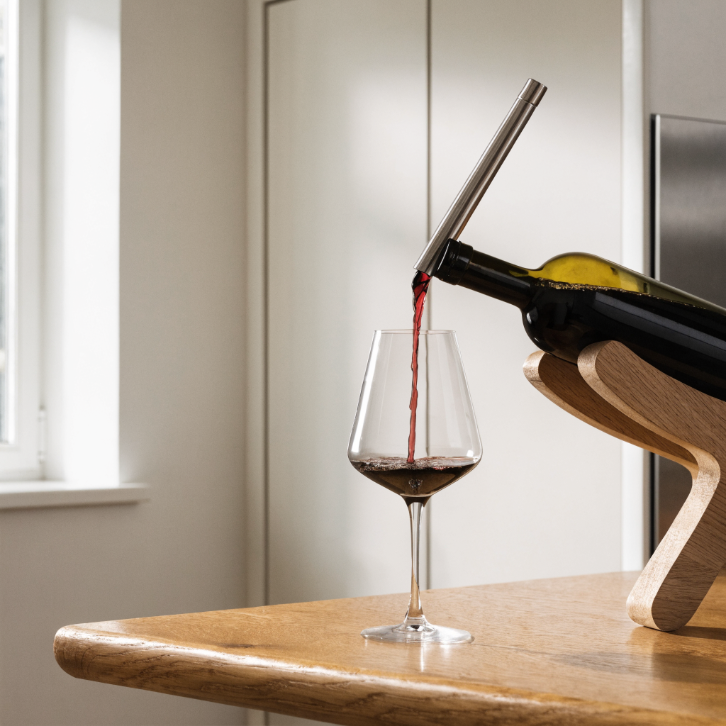 Wijn wordt via een beluchtende schenktuit in een wijnglas geschonken - Glazen.nl