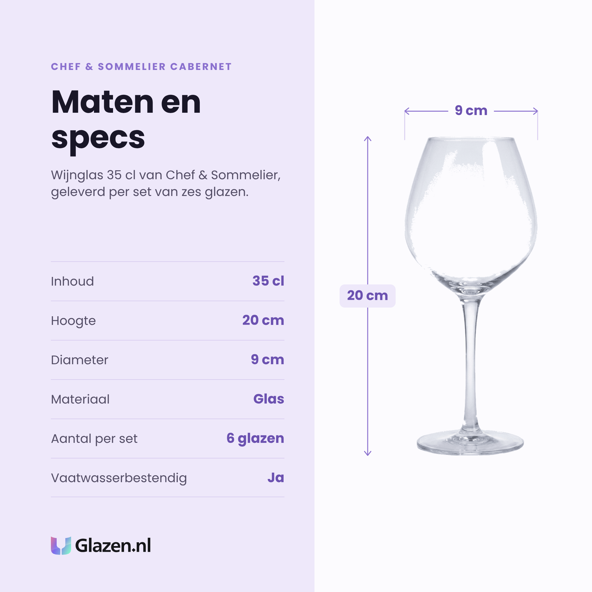Chef & Sommelier Cabernet wijnglas 35 cl specificaties: inhoud 35 cl, hoogte 20 cm, diameter 9 cm, glas, set van 6