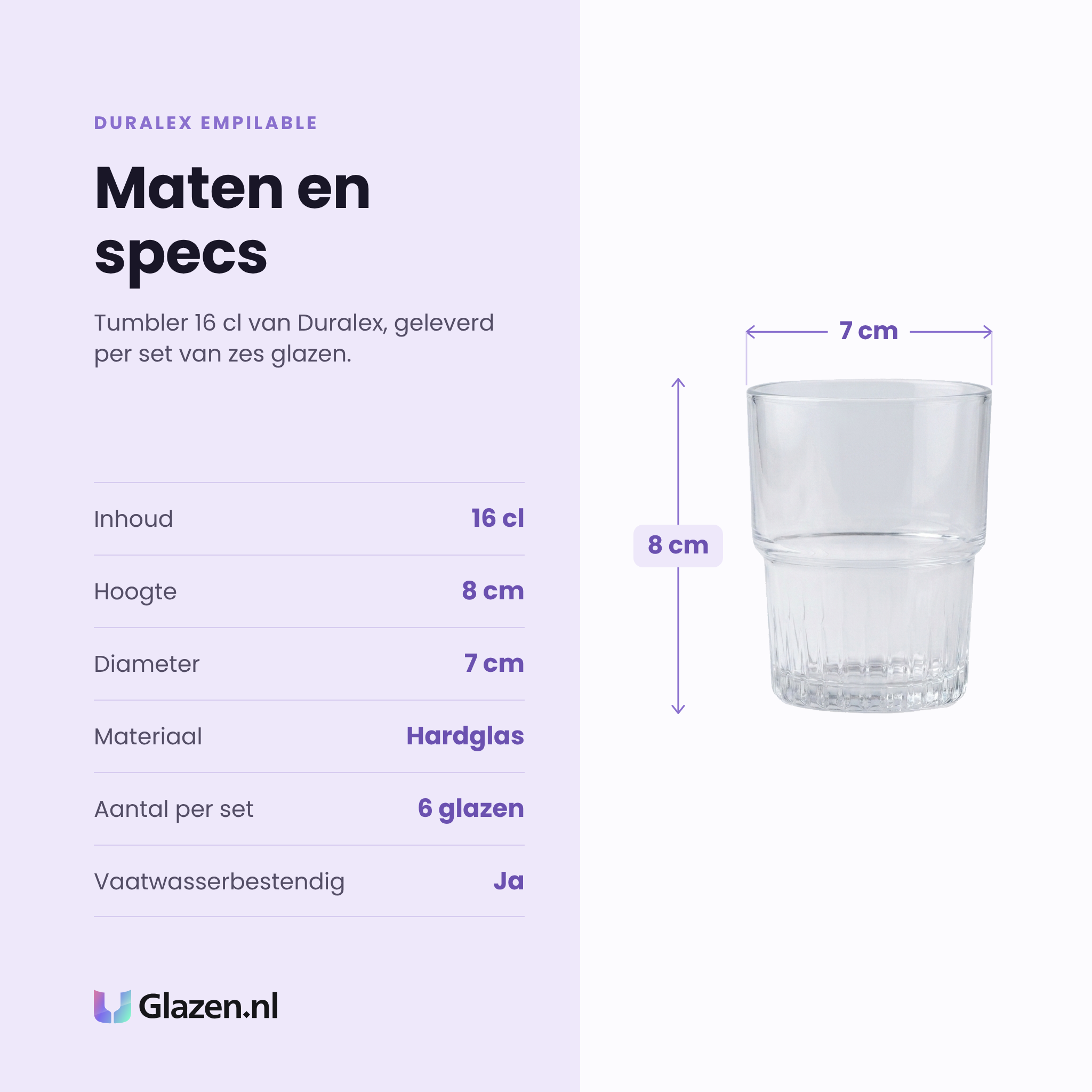 Duralex Empilable tumbler 16 cl specificaties: inhoud 16 cl, hoogte 8 cm, diameter 7 cm, hardglas, set van 6