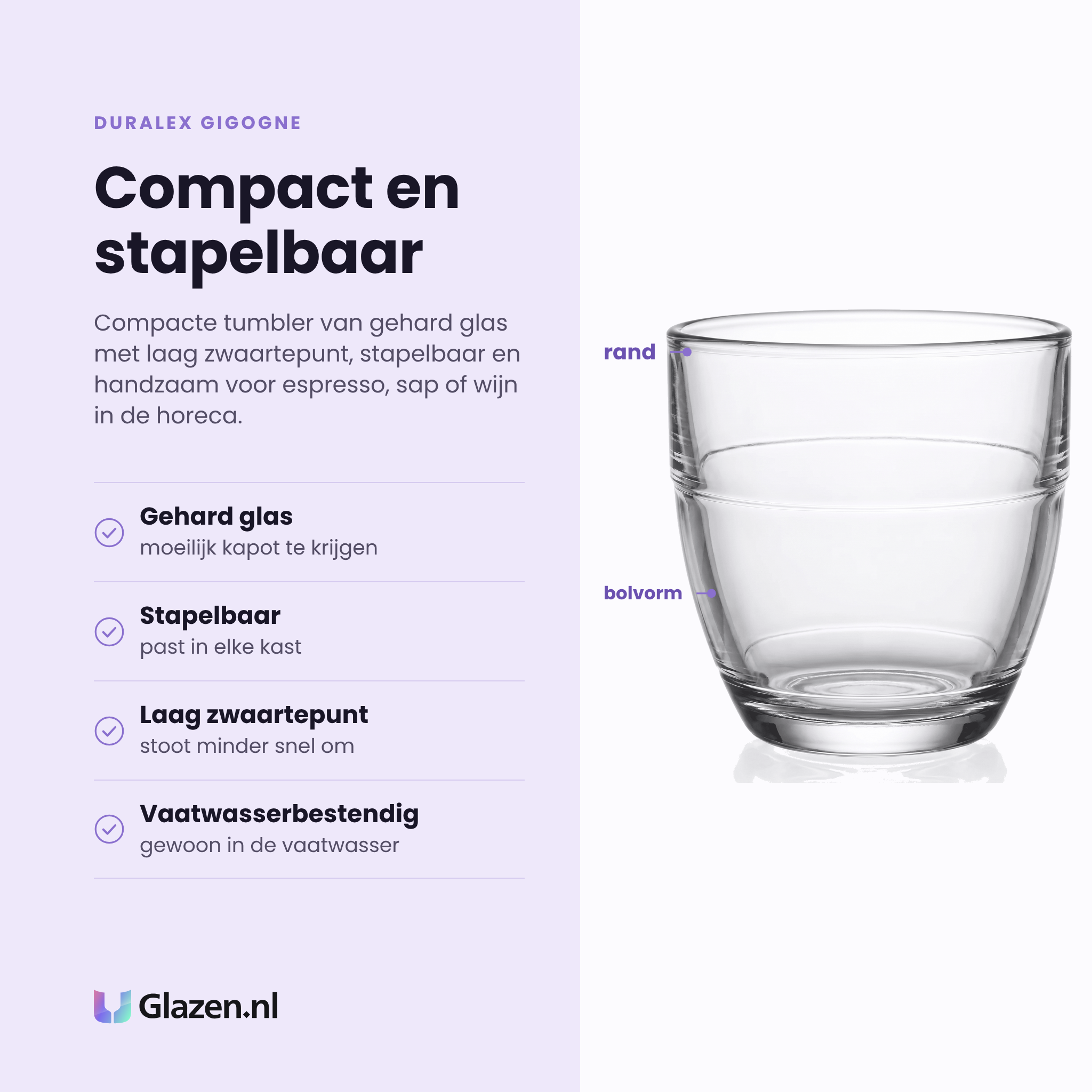 Duralex Gigogne tumbler 16 cl eigenschappen: gehard glas, stapelbaar, laag zwaartepunt, vaatwasserbestendig