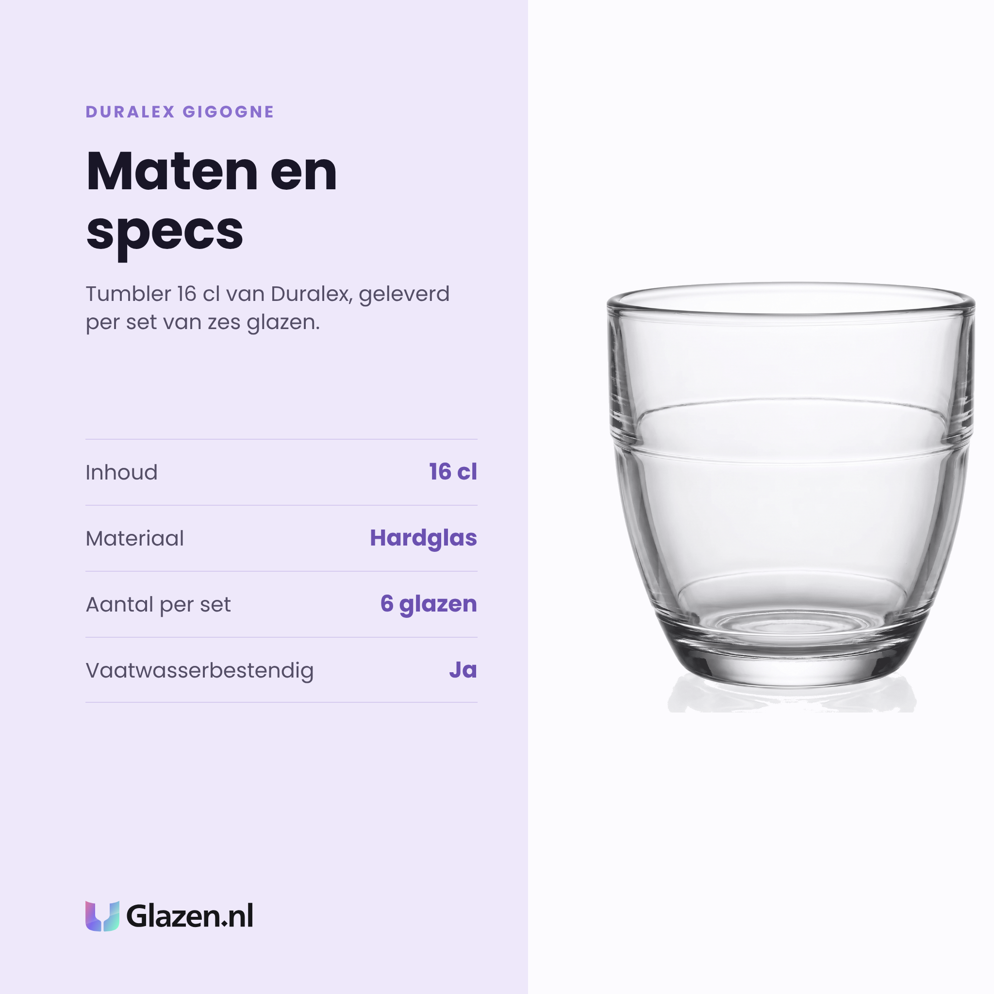 Duralex Gigogne tumbler 16 cl specificaties: inhoud 16 cl, hardglas, set van 6
