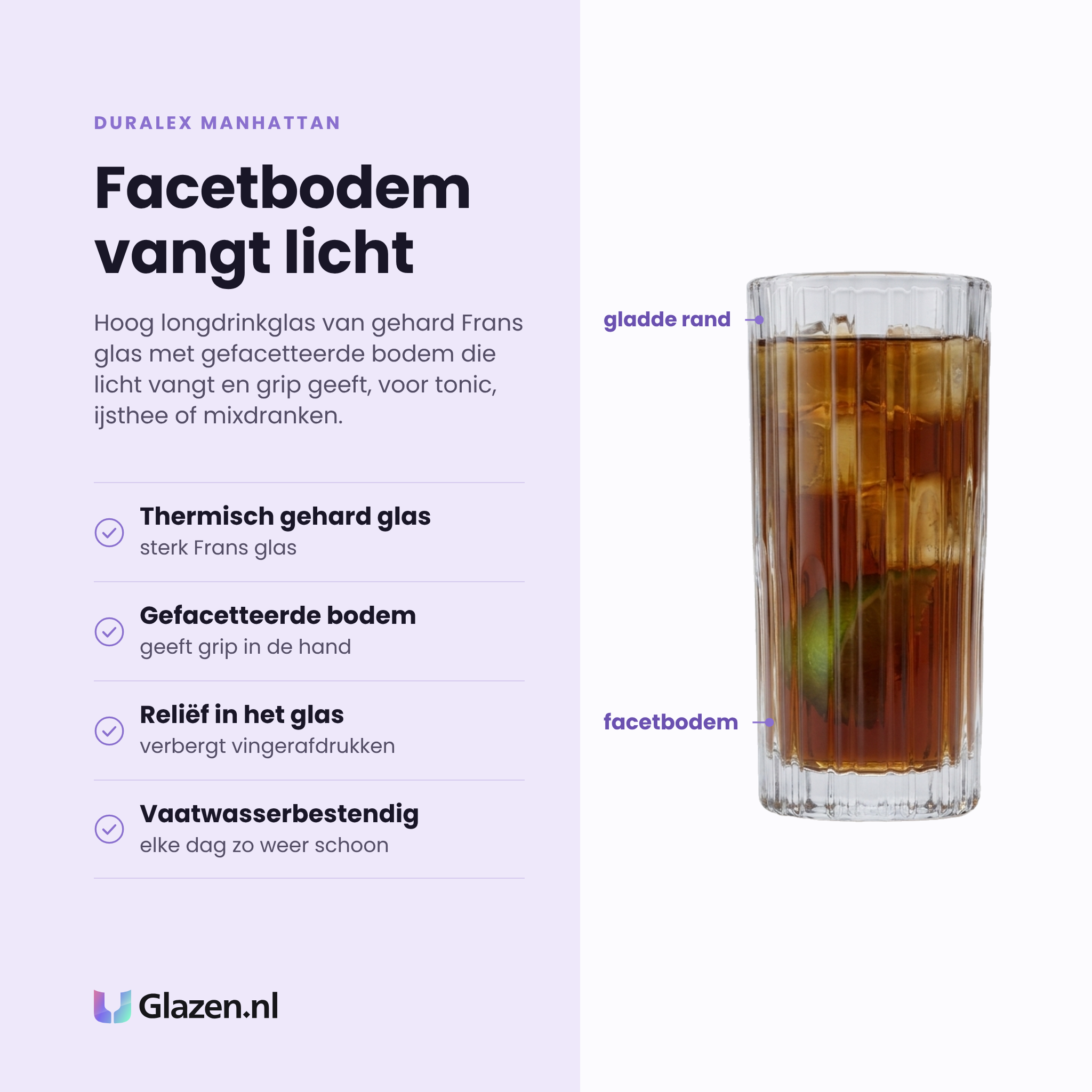 Duralex Manhattan longdrinkglas 30,5 cl eigenschappen: thermisch gehard glas, gefacetteerde bodem geeft grip, reliëf verbergt vingerafdrukken, vaatwasserbestendig