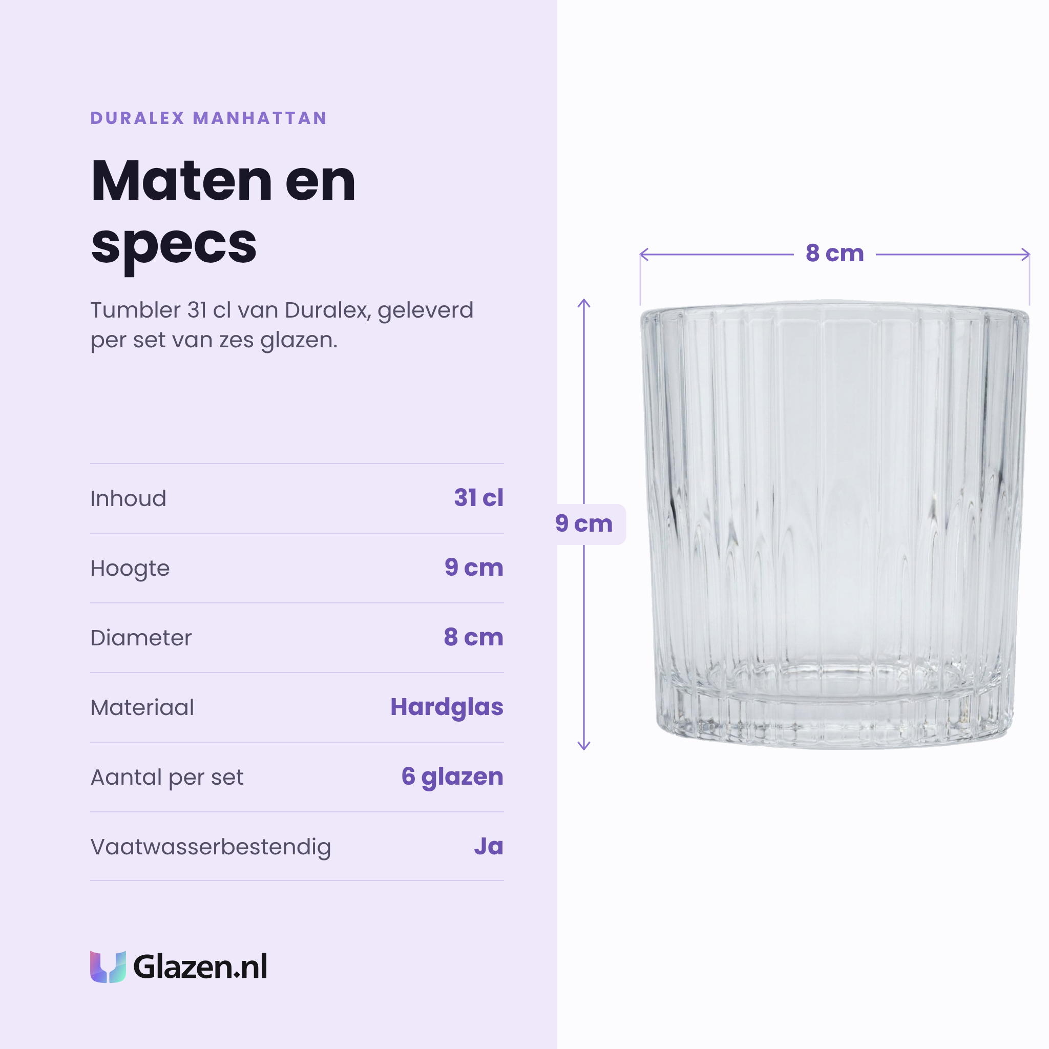 Duralex Manhattan tumbler 31 cl specificaties: inhoud 31 cl, hoogte 9 cm, diameter 8 cm, hardglas, set van 6
