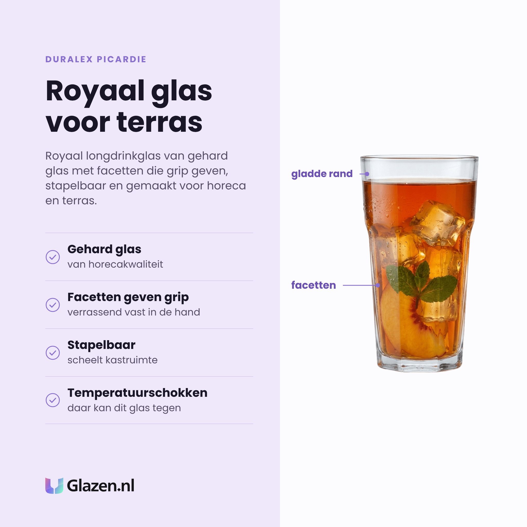 Duralex Picardie longdrinkglas 58 cl eigenschappen: gehard glas van horecakwaliteit, facetten geven grip, stapelbaar, bestand tegen temperatuurschokken